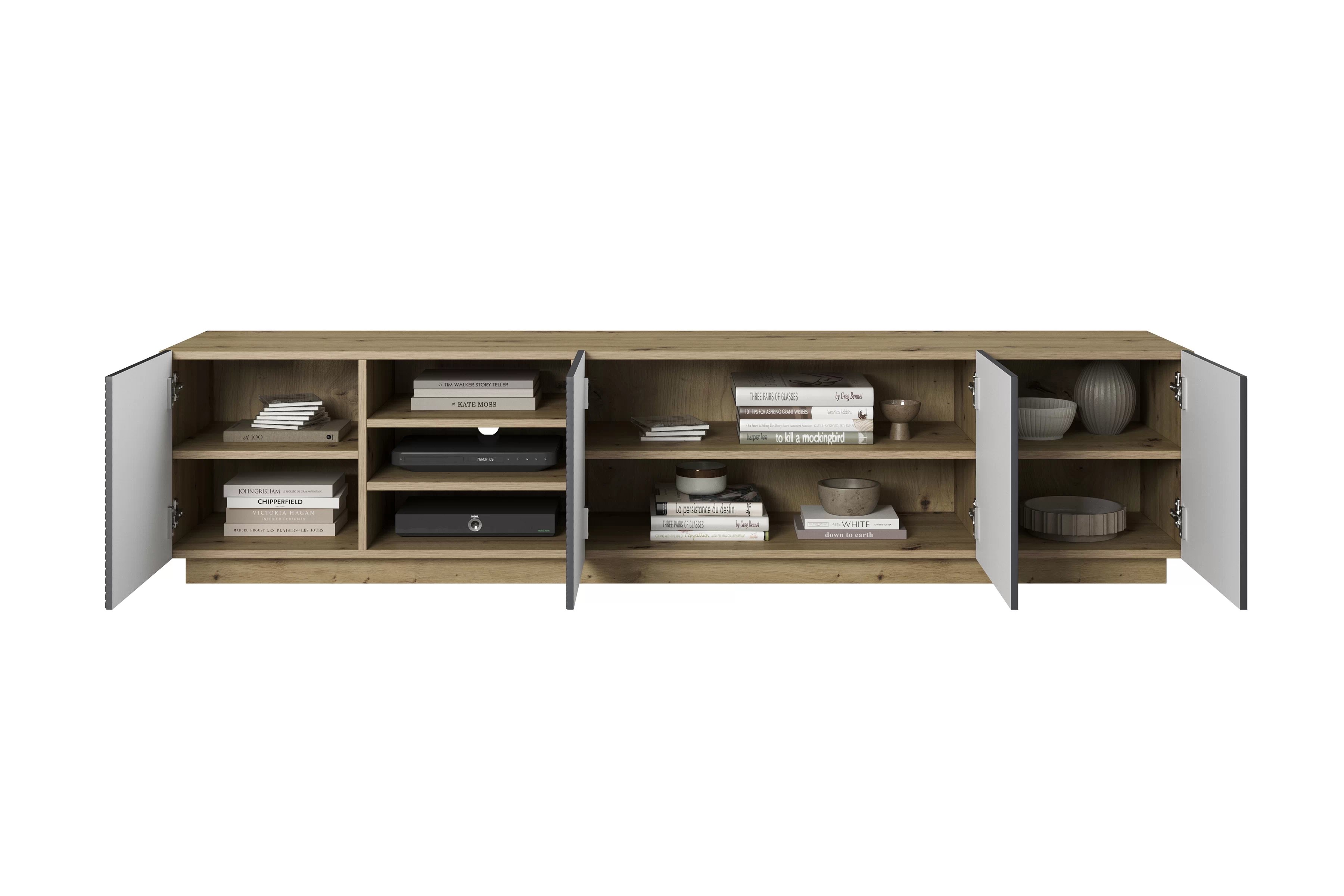 RTV skrinka Asha 200 cm s ryhovaným čelom - artisan / rivier stone mat TV skrinka Asha 200 cm s frézovaným frontom i wneka - artisan / rivier stone mat