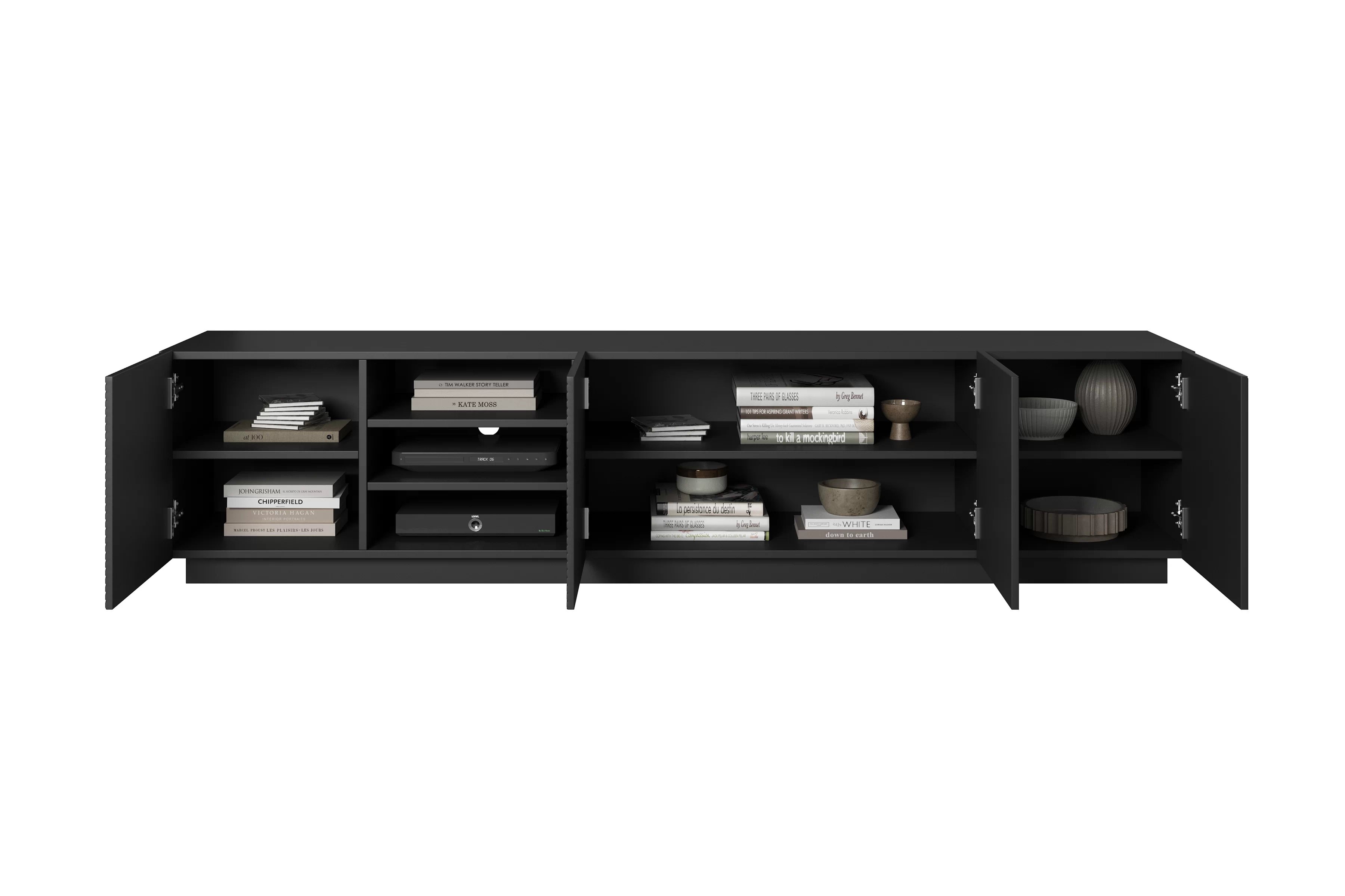 TV skrinka Asha 200 cm s ryhovanými dvierkami a výklenkom - čierny mat TV skrinka Asha 200 cm s frézovaným frontom i wneka - Čierny mat