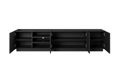 TV skrinka Asha 200 cm s ryhovaným čelom a otvorenou poličkou - čierny mat TV skrinka Asha 200 cm s frézovaným frontom i wneka - Čierny mat