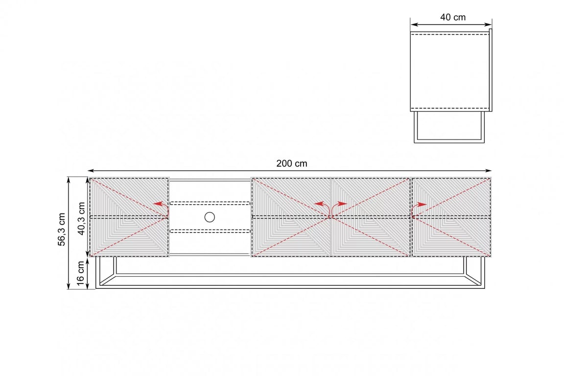 TV stolek Asha 200 cm s rýhovaným čelem a výklenkem na kovovém rámu - dub artisan / černý mat skříňka RTV Asha ryflowana z wneka i metalowym stelazem 200 cm - artisan / černá mat