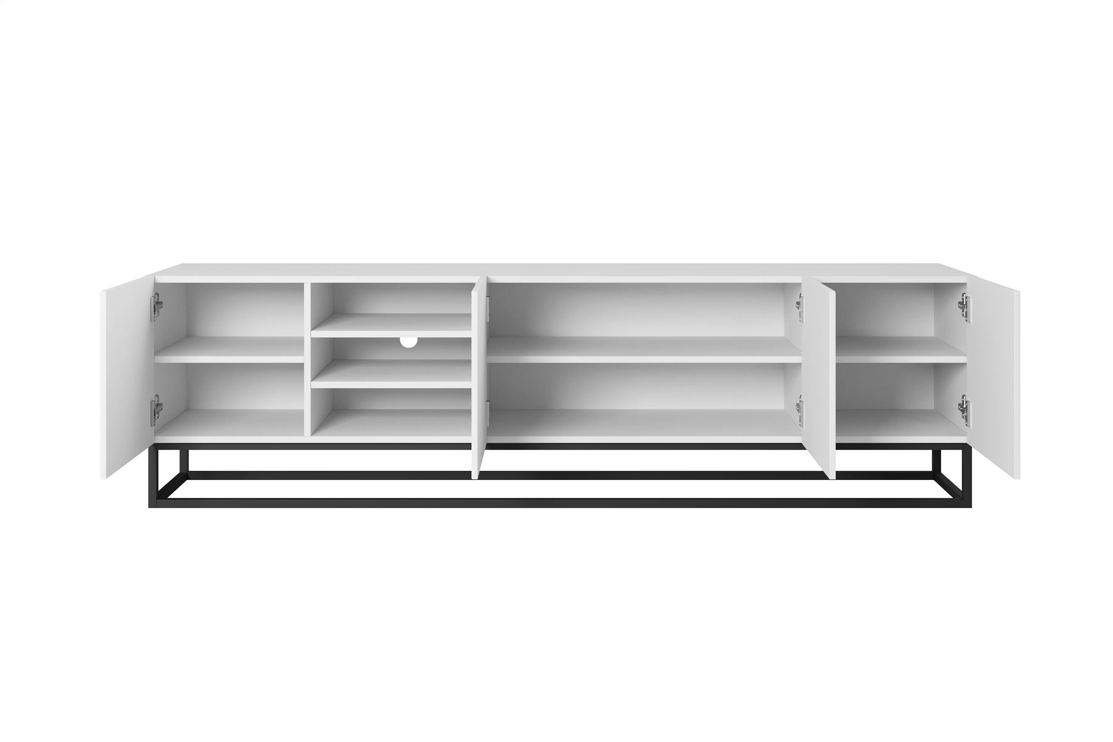 TV stolík Asha 200 cm na čiernom podstavci s 3 otvorenými policami - biely mat TV skrinka Asha ryflowana z wneka i metalowym stelazem 200 cm - biely mat