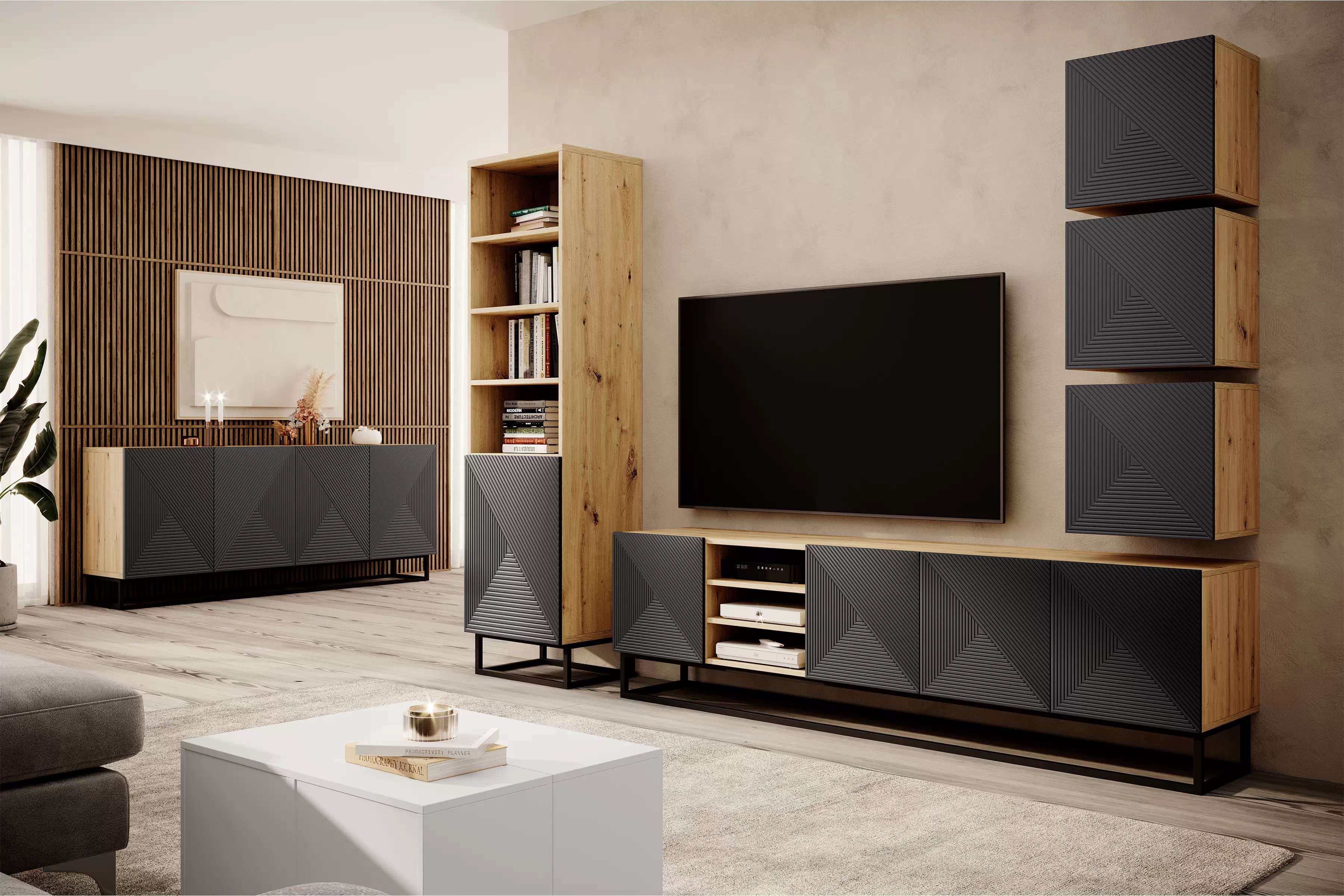 TV stolík Asha 200 cm s ryhovanými dvierkami a kovovou podnožou - artisan / rivier stone mat TV skrinka Asha s frézovaným frontom, wnekami i metalowym stelazem 200 cm - artisan / rivier stone mat