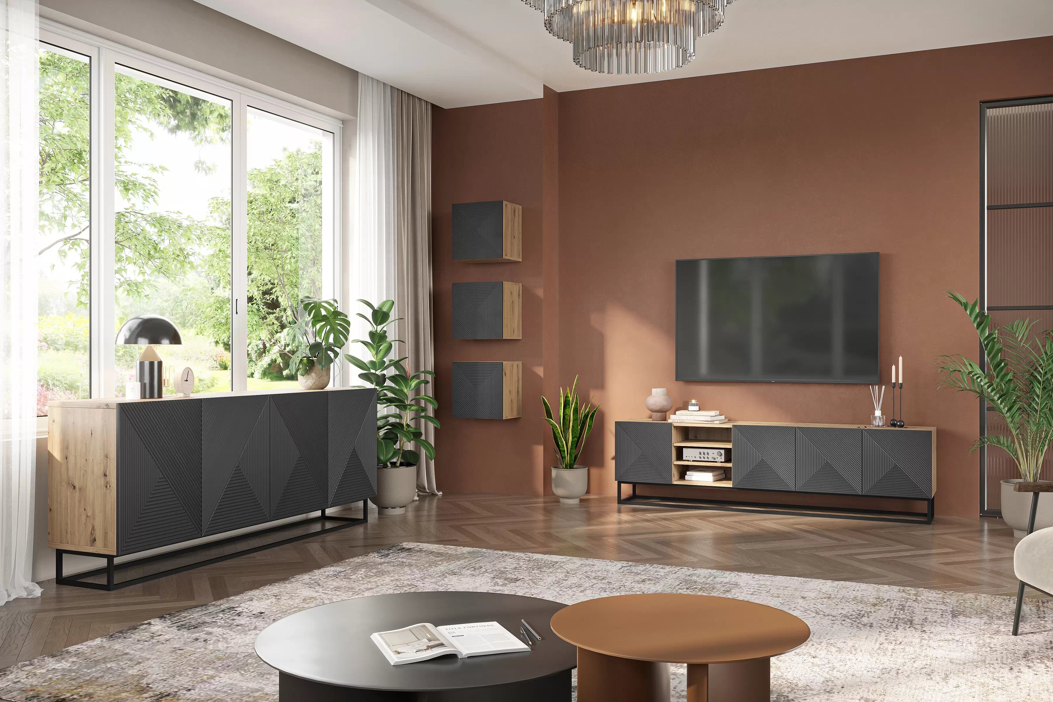 TV stolík Asha 200 cm s ryhovanými dvierkami a kovovou podnožou - artisan / rivier stone mat TV skrinka Asha s frézovaným frontom, wnekami i metalowym stelazem 200 cm - artisan / rivier stone mat