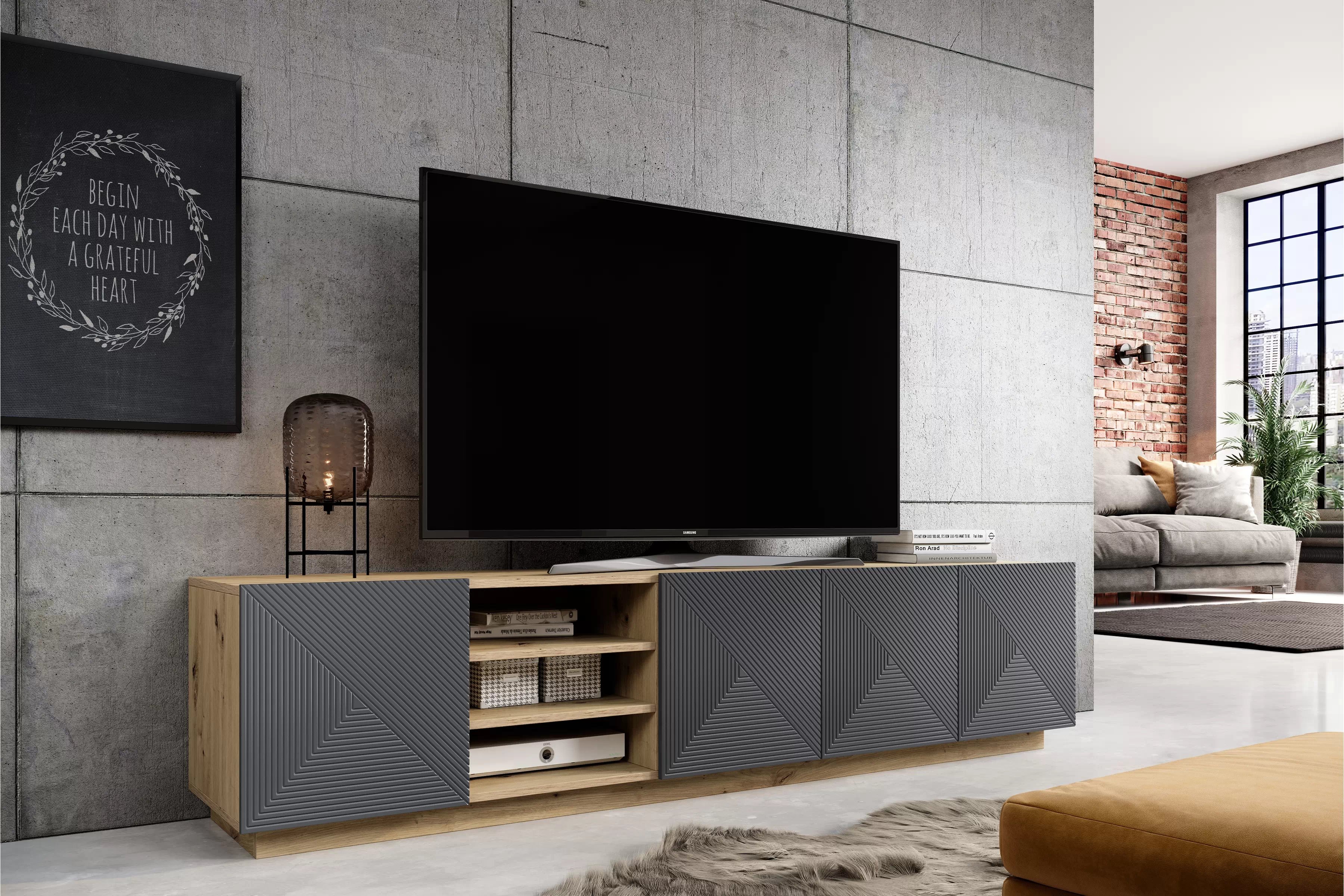 RTV skrinka Asha 200 cm s ryhovaným čelom - artisan / rivier stone mat TV skrinka Asha s frézovaným frontom i wneka 200 cm - artisan / rivier stone mat