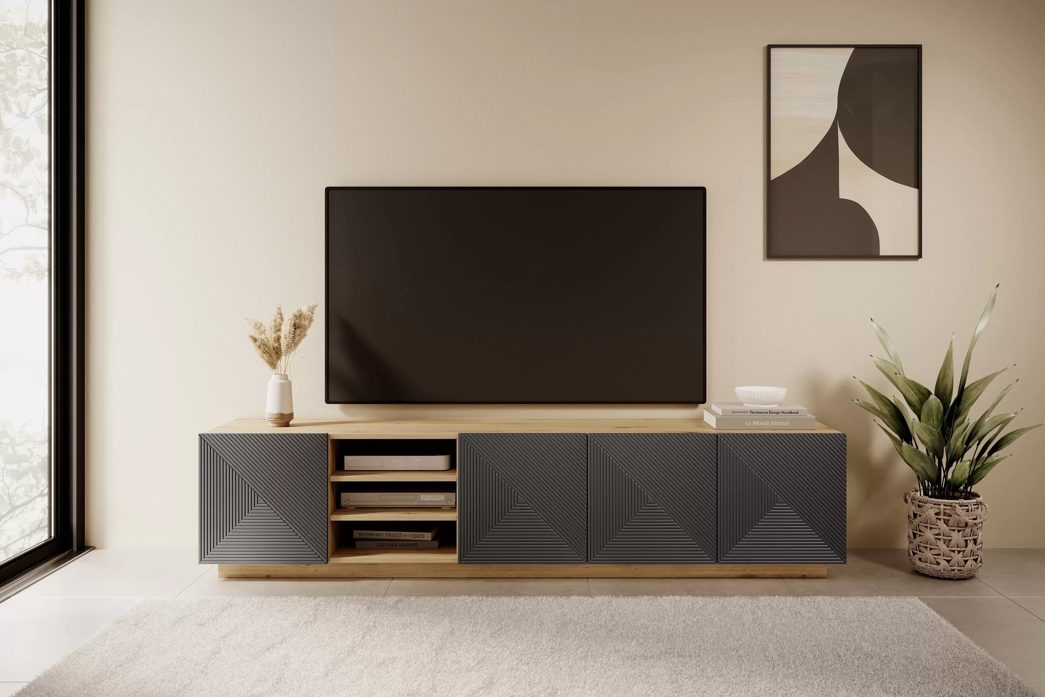 RTV skrinka Asha 200 cm s ryhovaným čelom - artisan / rivier stone mat TV skrinka Asha s frézovaným frontom i wneka 200 cm - artisan / rivier stone mat