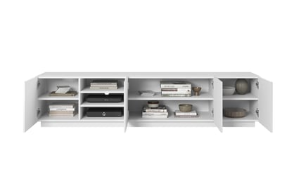 TV stolek Asha 200 cm s výklenkem - bílý mat skříňka RTV Asha s frézovanou přední částí i wneka 200 cm - bílý mat