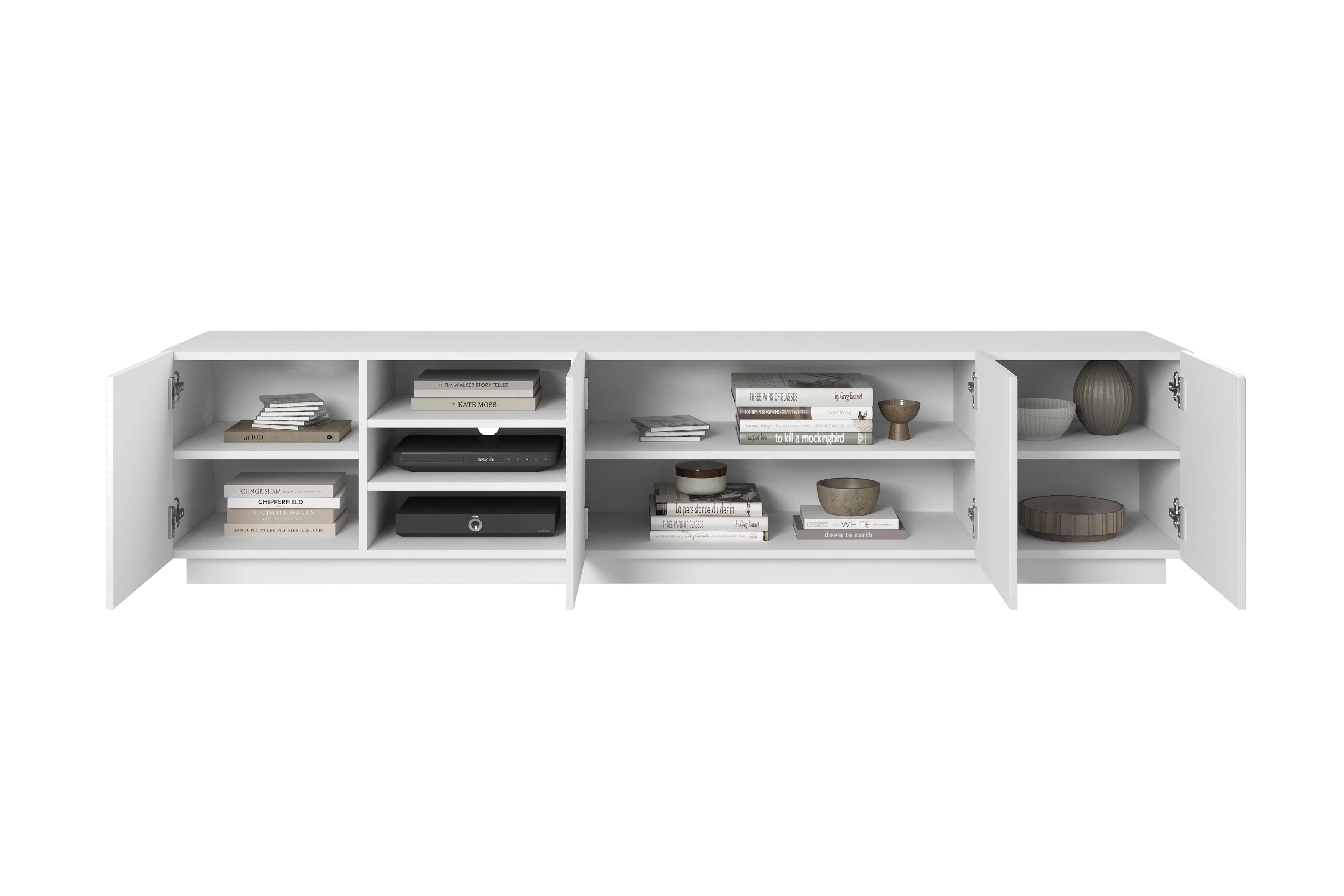 TV stolek Asha 200 cm s výklenkem - bílý mat skříňka RTV Asha s frézovanou přední částí i wneka 200 cm - bílý mat