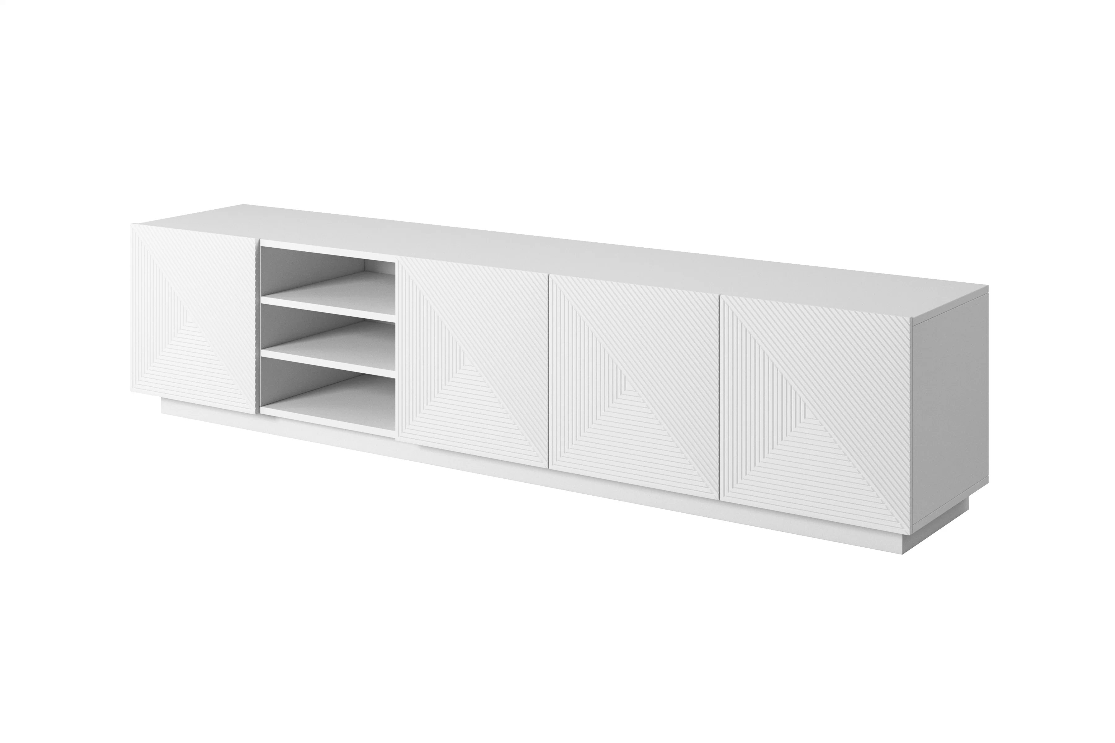 TV stolek Asha 200 cm s výklenkem - bílý mat skříňka RTV Asha s frézovanou přední částí i wneka 200 cm - bílý mat