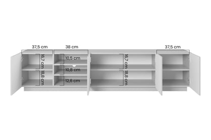 TV stolík Asha 200 cm na sokli s 3 otvorenými policami - biely mat TV skrinka Asha s frézovaným frontom i wneka 200 cm - biely mat