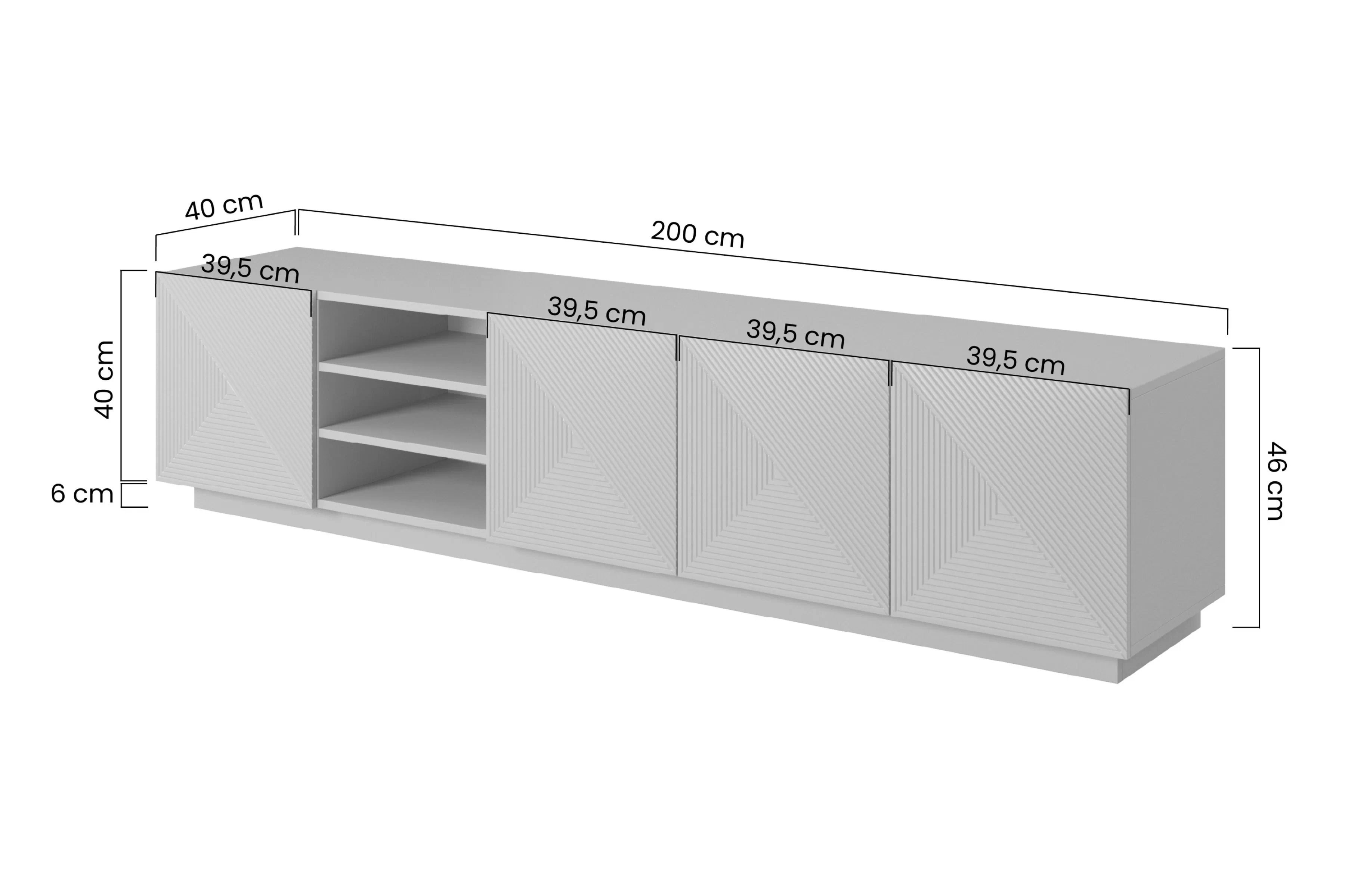 TV stolík Asha 200 cm na sokli s 3 otvorenými policami - biely mat TV skrinka Asha s frézovaným frontom i wneka 200 cm - biely mat