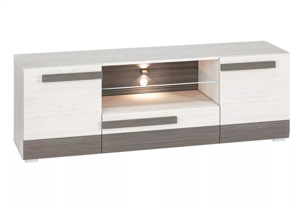 TV stolík Tonemo 09 165 cm so zásuvkou a otvorenými policami - borovica snežná / sivá new grey TV skrinka Blanco 09 z szuflada i wnekami 165 cm - Borovica sNiezna / new grey