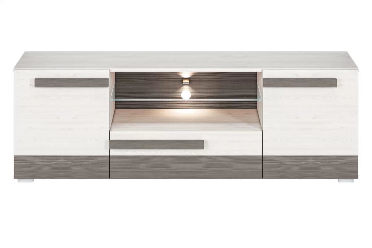 TV stolík Tonemo 09 165 cm so zásuvkou a otvorenými policami - borovica snežná / sivá new grey TV skrinka Blanco 09 z szuflada i wnekami 165 cm - Borovica sNiezna / new grey