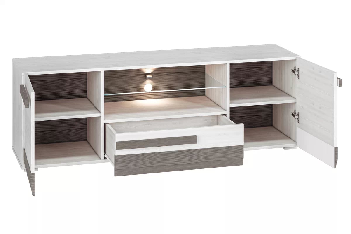 TV stolík Tonemo 09 165 cm so zásuvkou a otvorenými policami - borovica snežná / sivá new grey TV skrinka Blanco 09 z szuflada i wnekami 165 cm - Borovica sNiezna / new grey