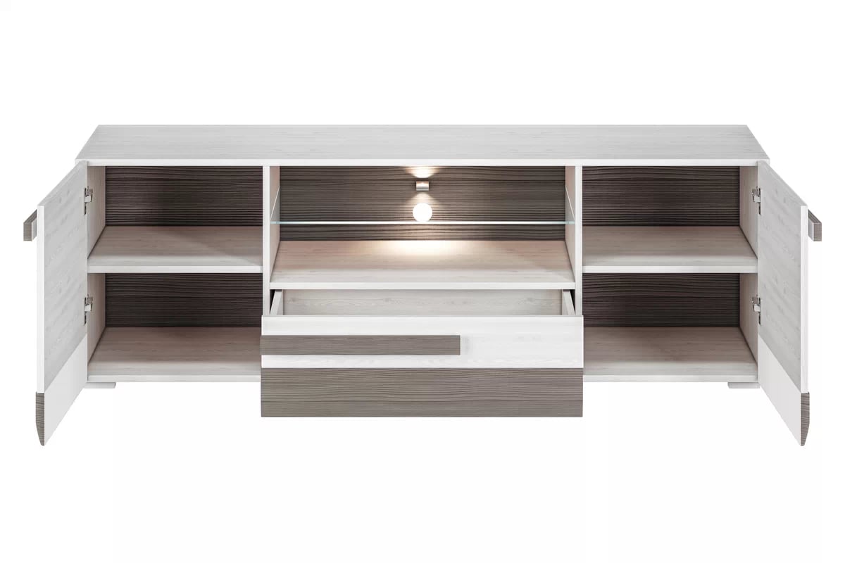 TV stolík Tonemo 09 165 cm so zásuvkou a otvorenými policami - borovica snežná / sivá new grey TV skrinka Blanco 09 z szuflada i wnekami 165 cm - Borovica sNiezna / new grey