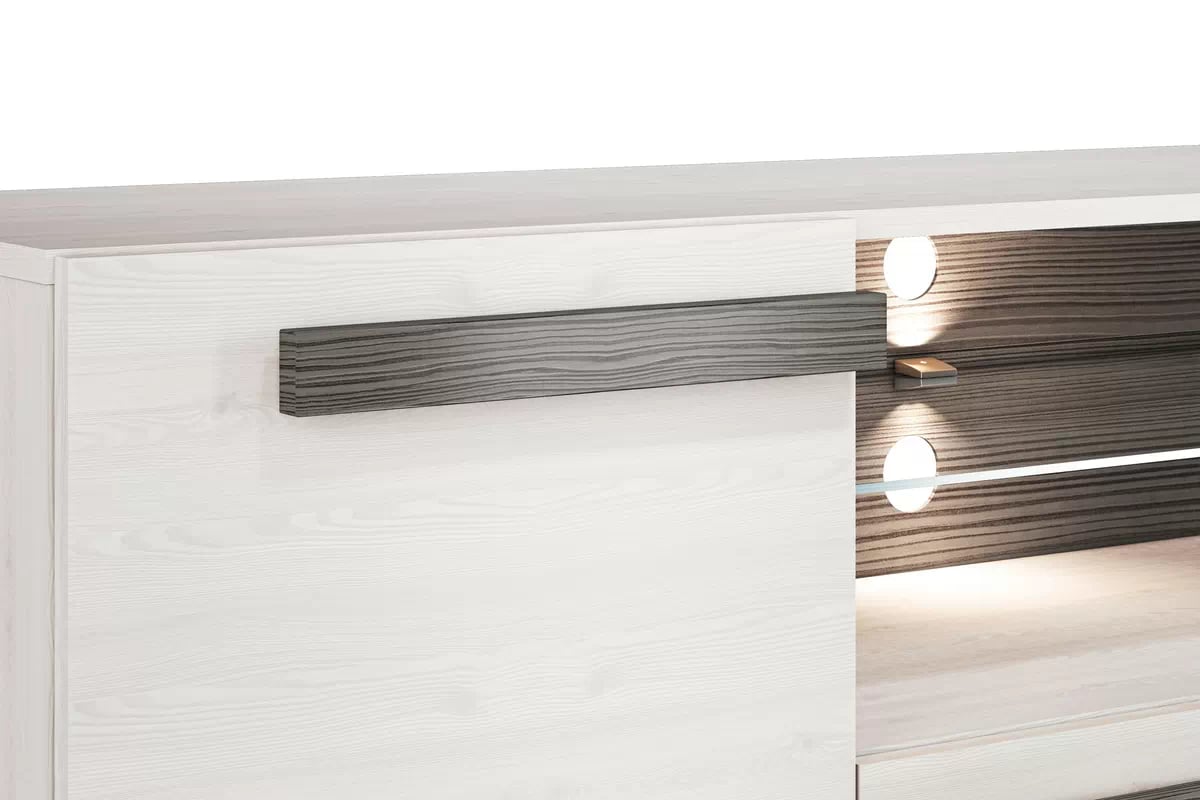 TV stolík Tonemo 09 165 cm so zásuvkou a otvorenými policami - borovica snežná / sivá new grey TV skrinka Blanco 09 z szuflada i wnekami 165 cm - Borovica sNiezna / new grey