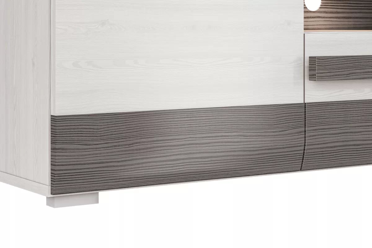 TV stolík Tonemo 09 165 cm so zásuvkou a otvorenými policami - borovica snežná / sivá new grey TV skrinka Blanco 09 z szuflada i wnekami 165 cm - Borovica sNiezna / new grey