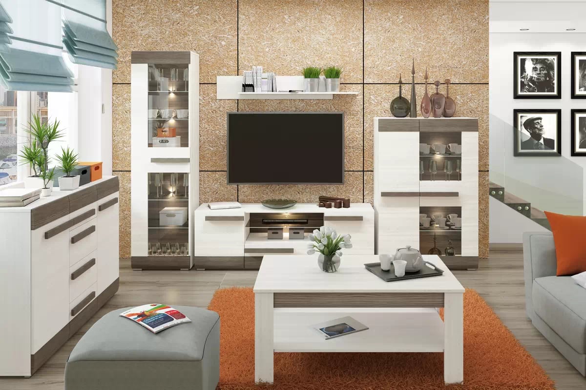 TV stolík Tonemo 09 165 cm so zásuvkou a otvorenými policami - borovica snežná / sivá new grey TV skrinka Blanco 09 z szuflada i wnekami 165 cm - Borovica sNiezna / new grey