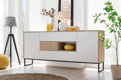 TV stolík Bliwon 197 cm so zásuvkami - jodeľka scandi / biely mat TV skrinka Bliwon F01 so zásuvkami 197 cm - jodelka scandi / biely mat