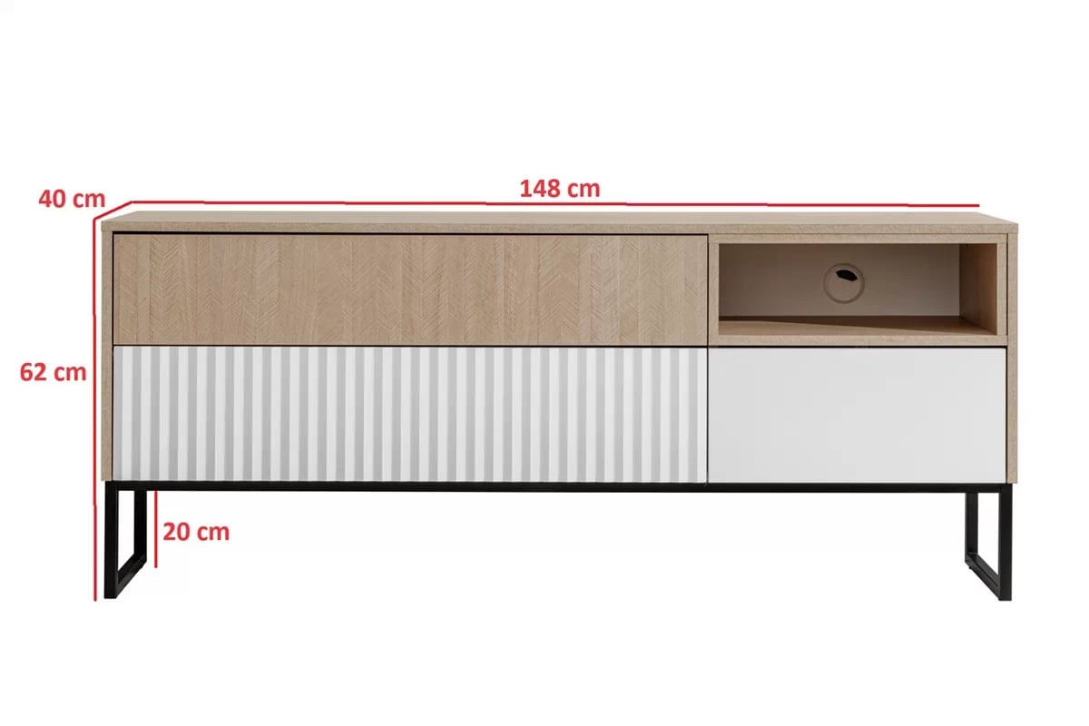 TV stolík Bliwon 148 cm so zásuvkami - jodeľka scandi / biely mat TV skrinka Bliwon F02 so zásuvkami 148 cm - jodelka scandi / biely mat