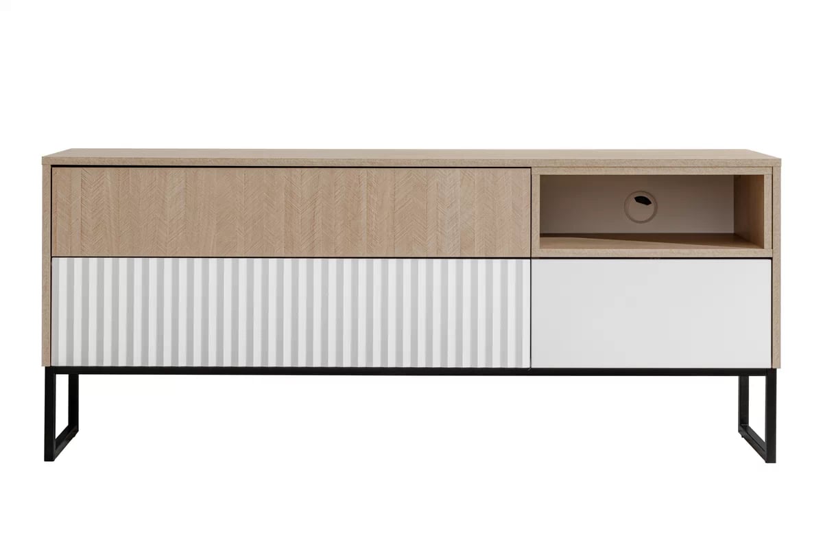 TV stolík Bliwon 148 cm so zásuvkami - jodeľka scandi / biely mat TV skrinka Bliwon F02 so zásuvkami 148 cm - jodelka scandi / biely mat