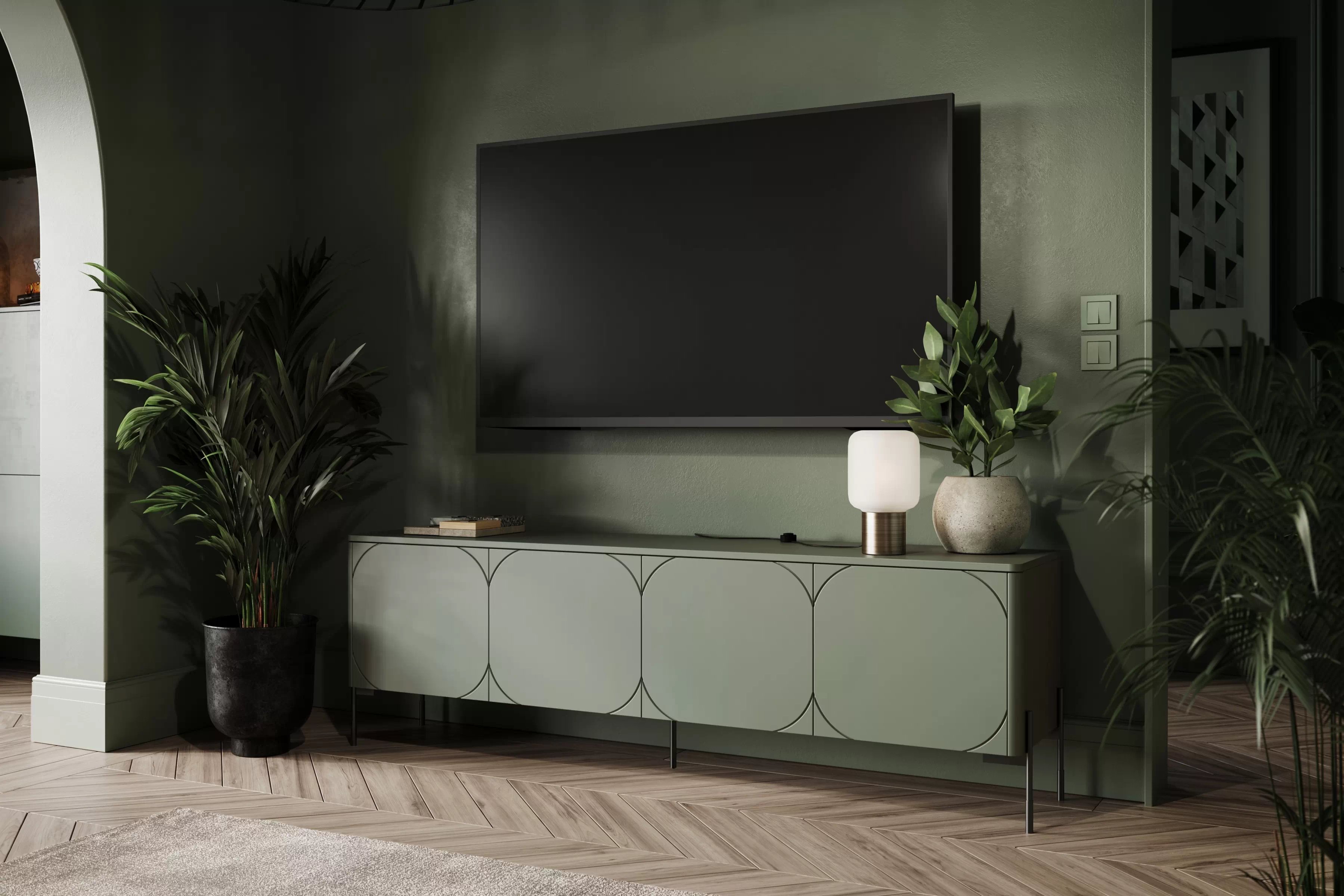 TV stolík Sonatia 200 cm - olivová TV skrinka štvordverová Sonatia na kovových nohách 200 cm - Oliva