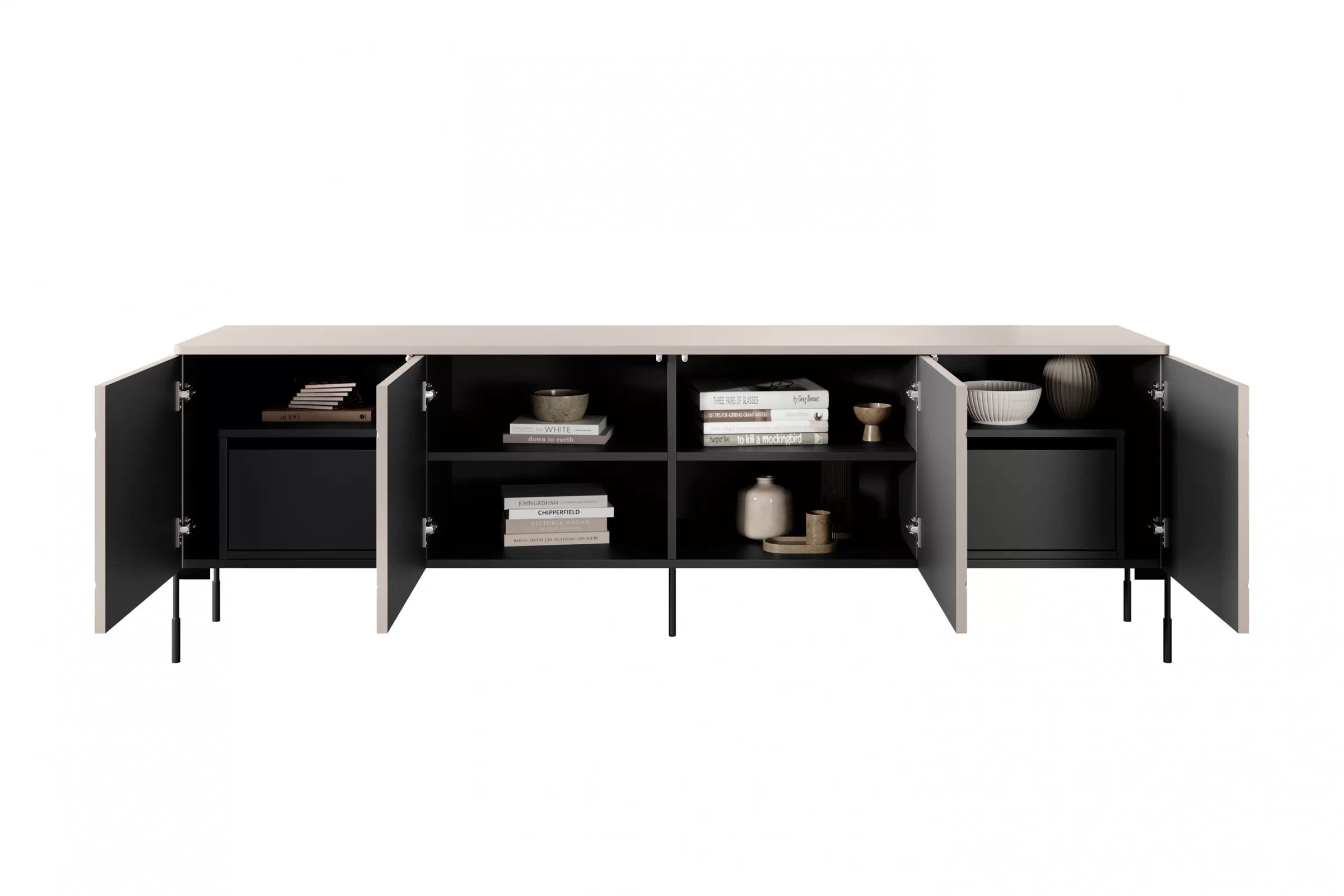 TV stolek Sonatia 200 cm se dvěma skrytými zásuvkami - kašmír skříňka RTV čtyřdveřová z dwoma ukrytymi zásuvkami Sonatia 200 cm - kašmír