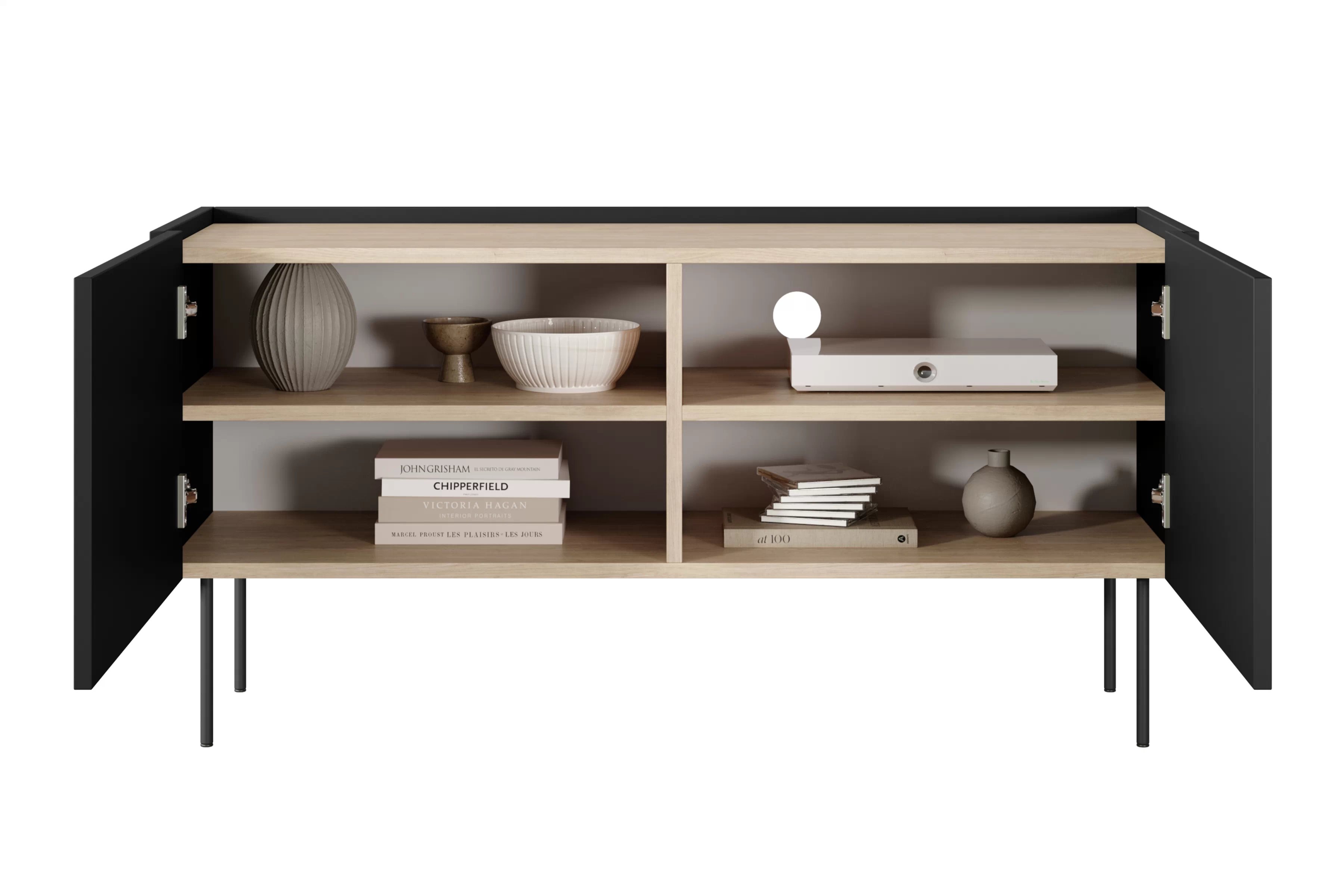 TV stolík Desin 120 cm s kovovými nohami - čierny mat / dub nagano TV skrinka Desin 120 cm z metalowymi nogami - Čierny mat / Dub nagano