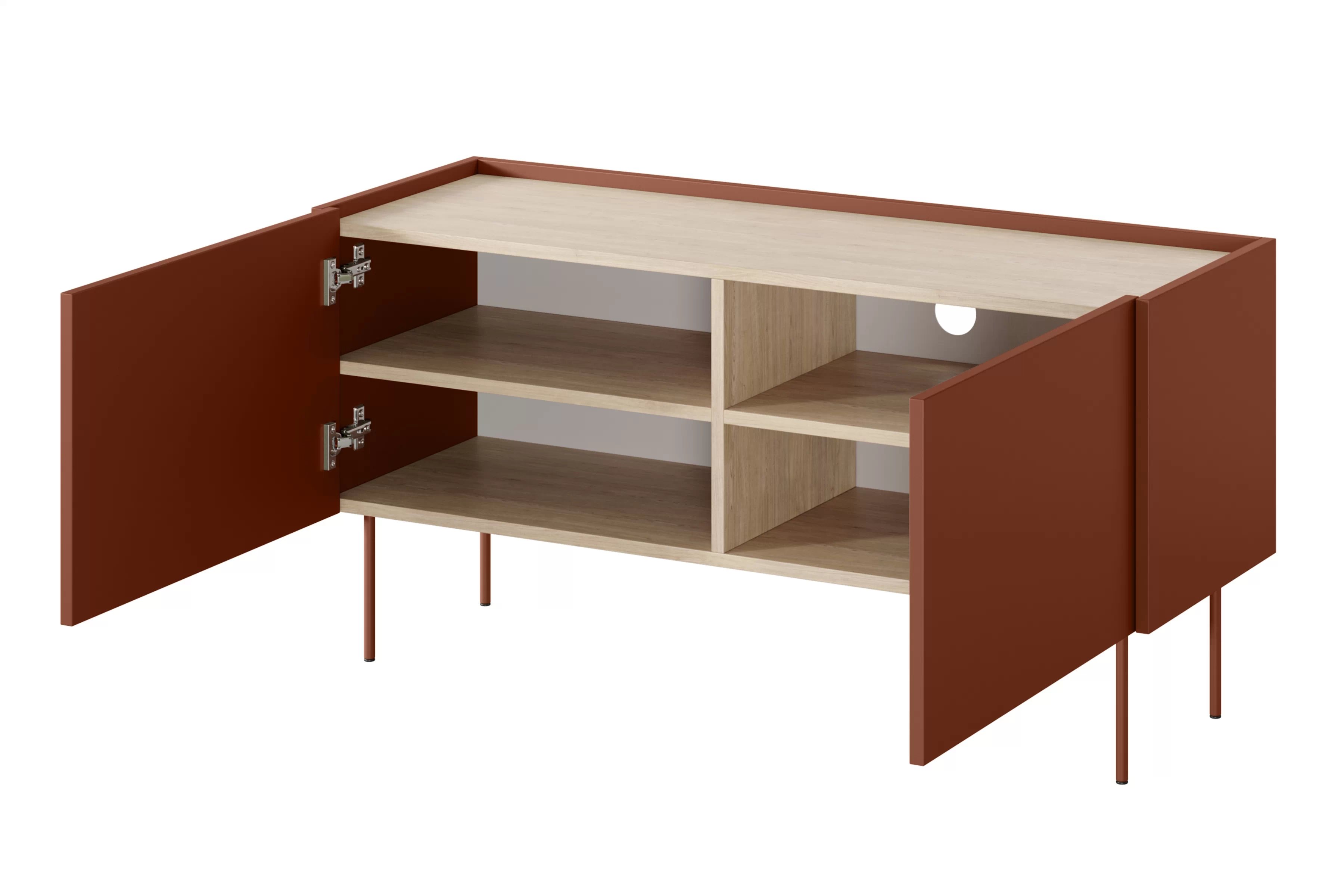 TV stolík Desin 120 cm s kovovými nohami - červená / keramická červená / dub nagano TV skrinka Desin 120 cm z metalowymi nogami - Červený / ceramic red / Dub nagano