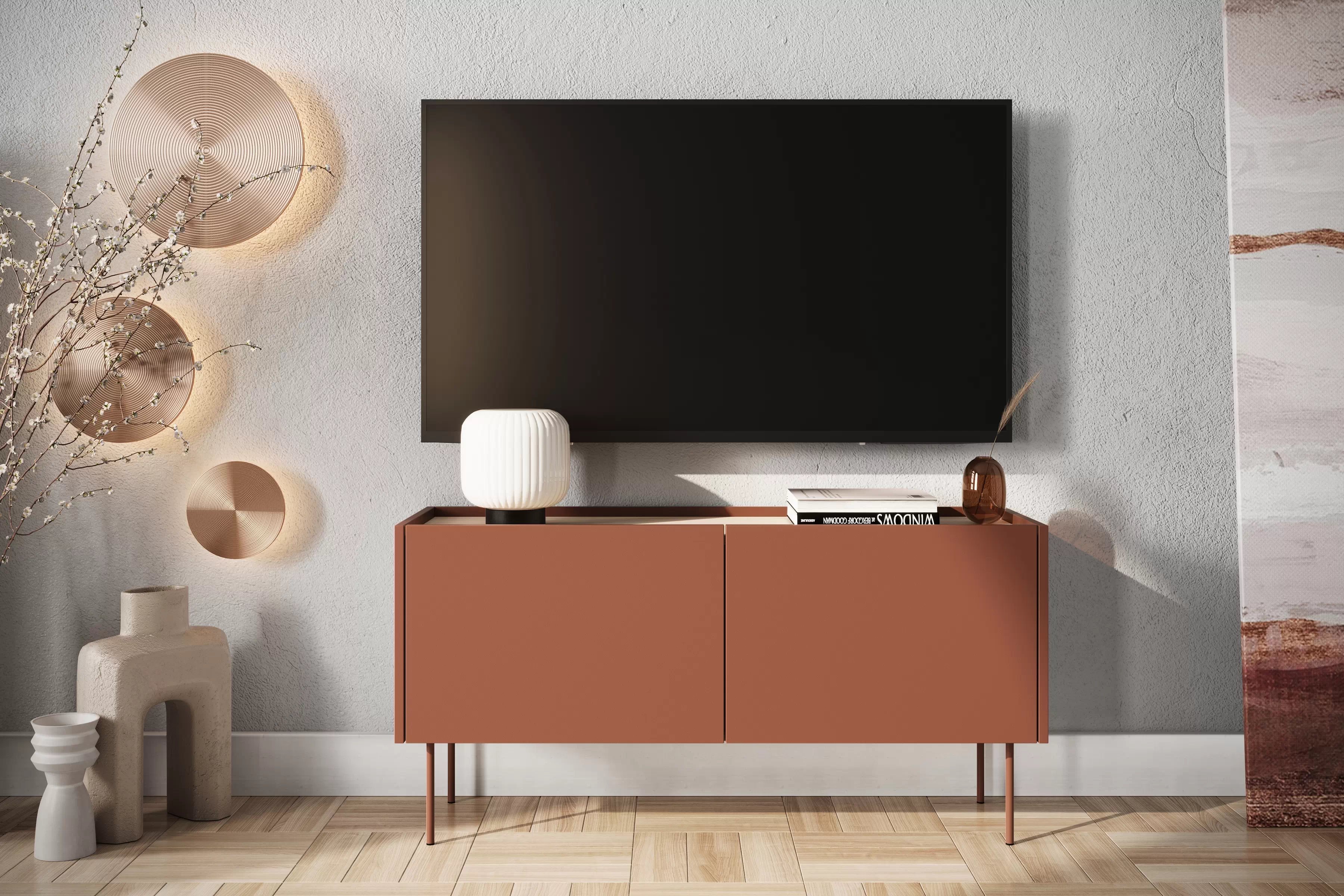 TV stolík Desin 120 cm s kovovými nohami - červená / keramická červená / dub nagano TV skrinka Desin 120 cm z metalowymi nogami - Červený / ceramic red / Dub nagano
