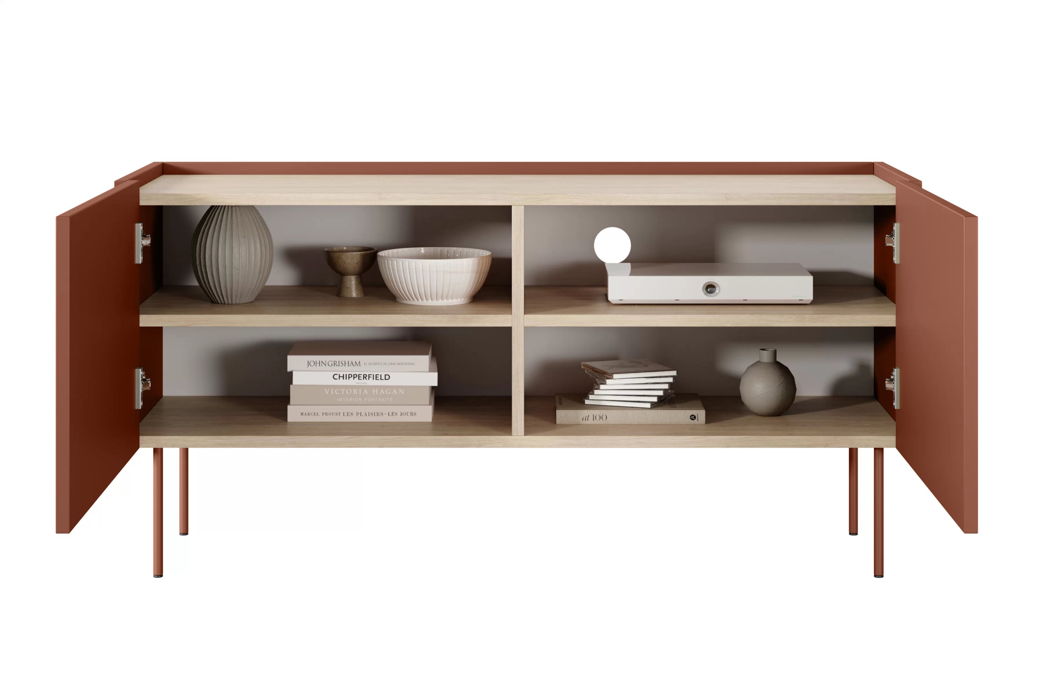 TV stolík Desin 120 cm s kovovými nohami - červená / keramická červená / dub nagano TV skrinka Desin 120 cm z metalowymi nogami - Červený / ceramic red / Dub nagano