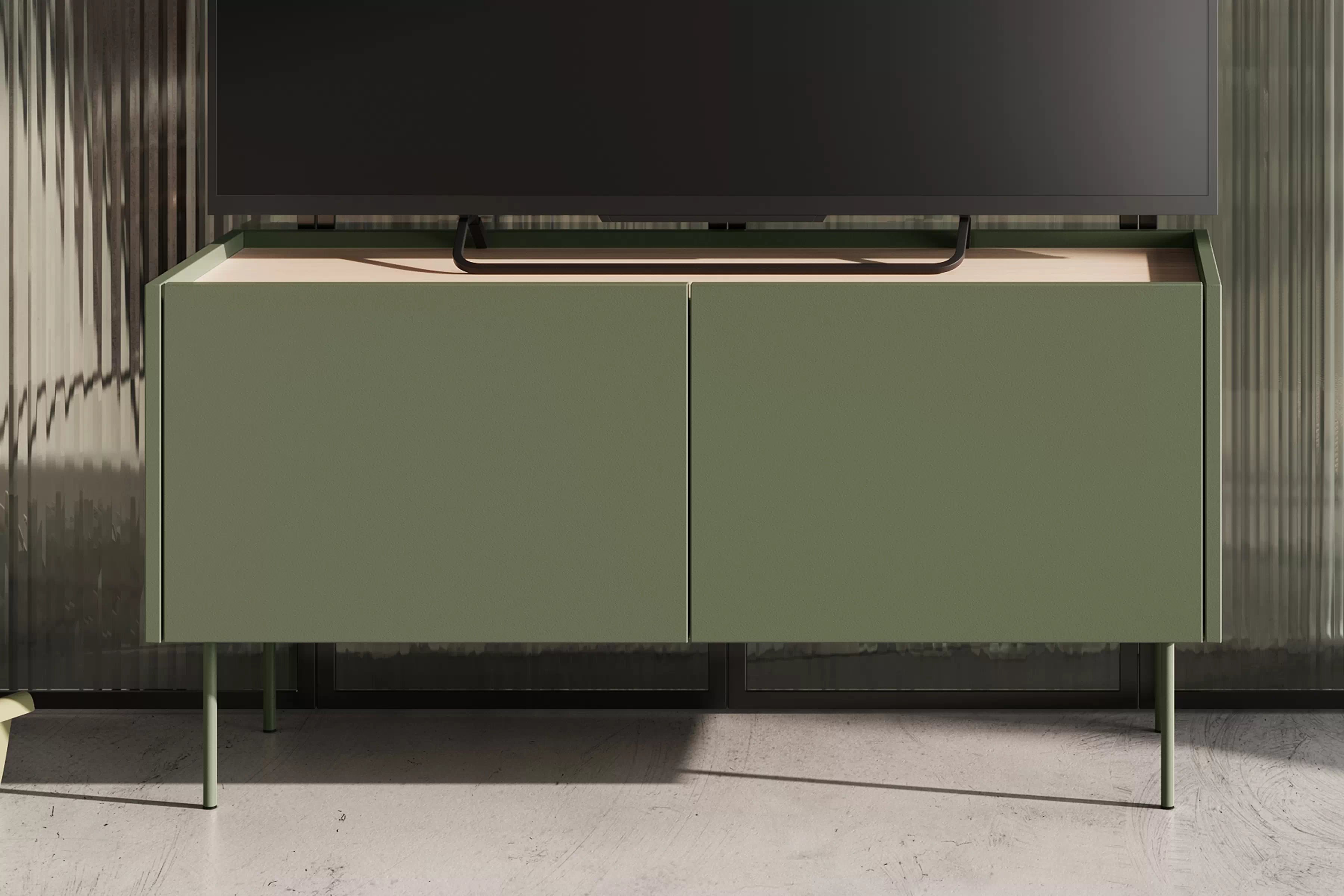 TV stolek Desin 120 cm s kovovými nohami - olivová / dub nagano skříňka RTV Desin 120 cm z metalowymi nogami - olivová / dub nagano