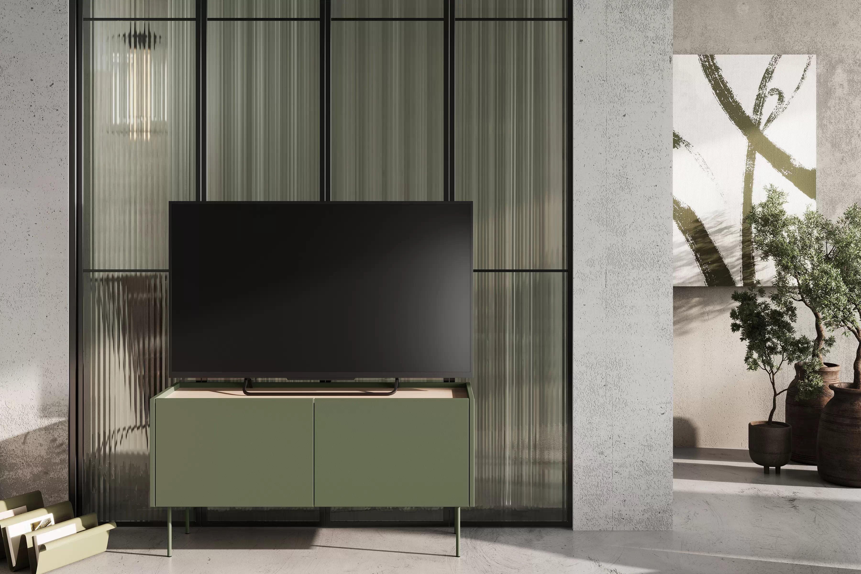 TV stolek Desin 120 cm s kovovými nohami - olivová / dub nagano skříňka RTV Desin 120 cm z metalowymi nogami - olivová / dub nagano