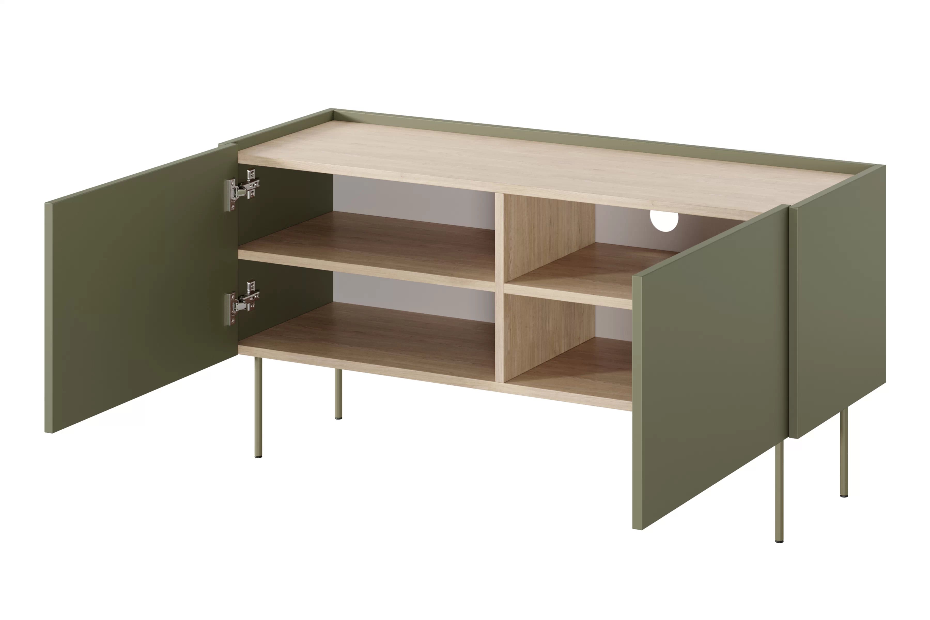 TV stolek Desin 120 cm s kovovými nohami - olivová / dub nagano skříňka RTV Desin 120 cm z metalowymi nogami - olivová / dub nagano