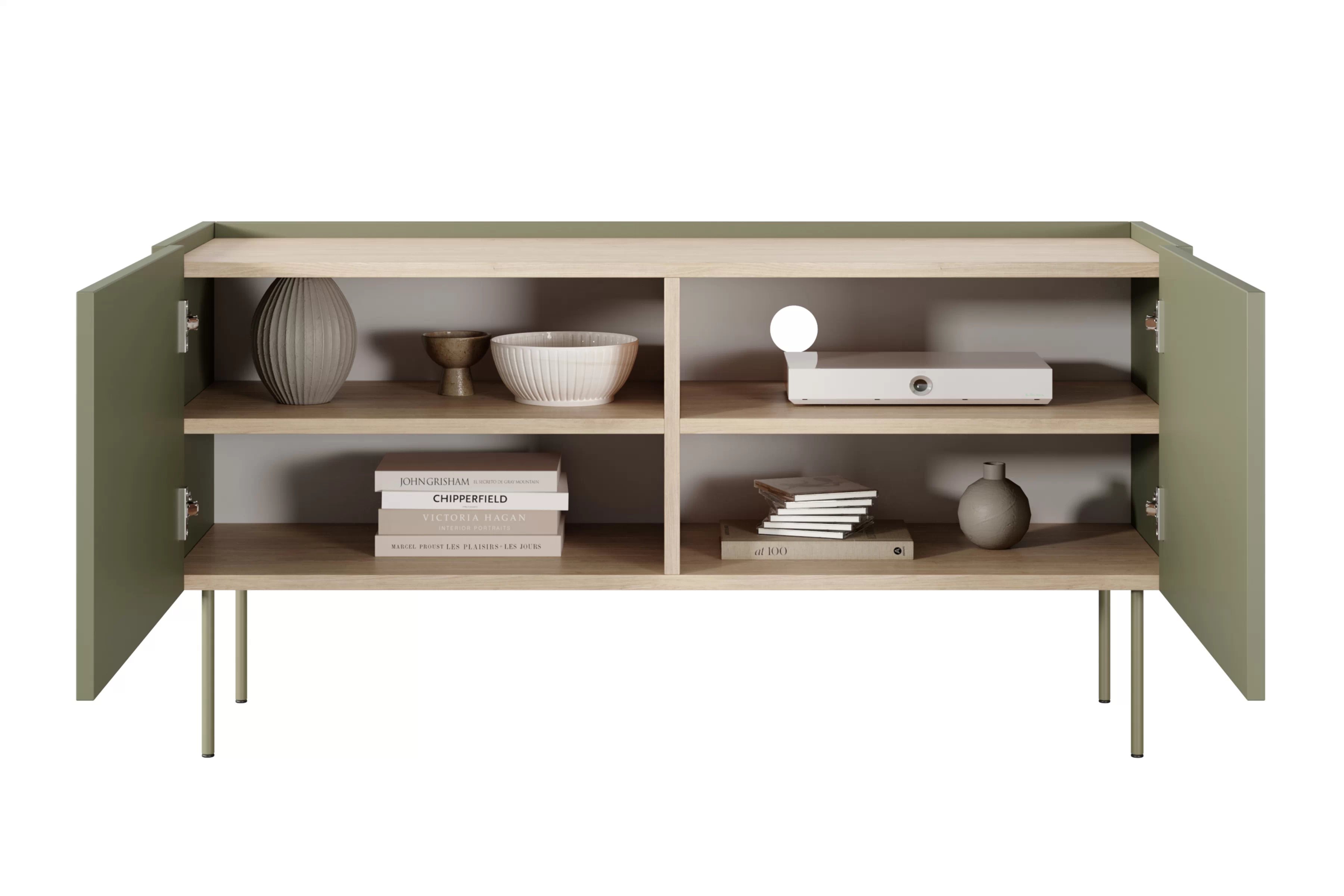 TV stolek Desin 120 cm s kovovými nohami - olivová / dub nagano skříňka RTV Desin 120 cm z metalowymi nogami - olivová / dub nagano