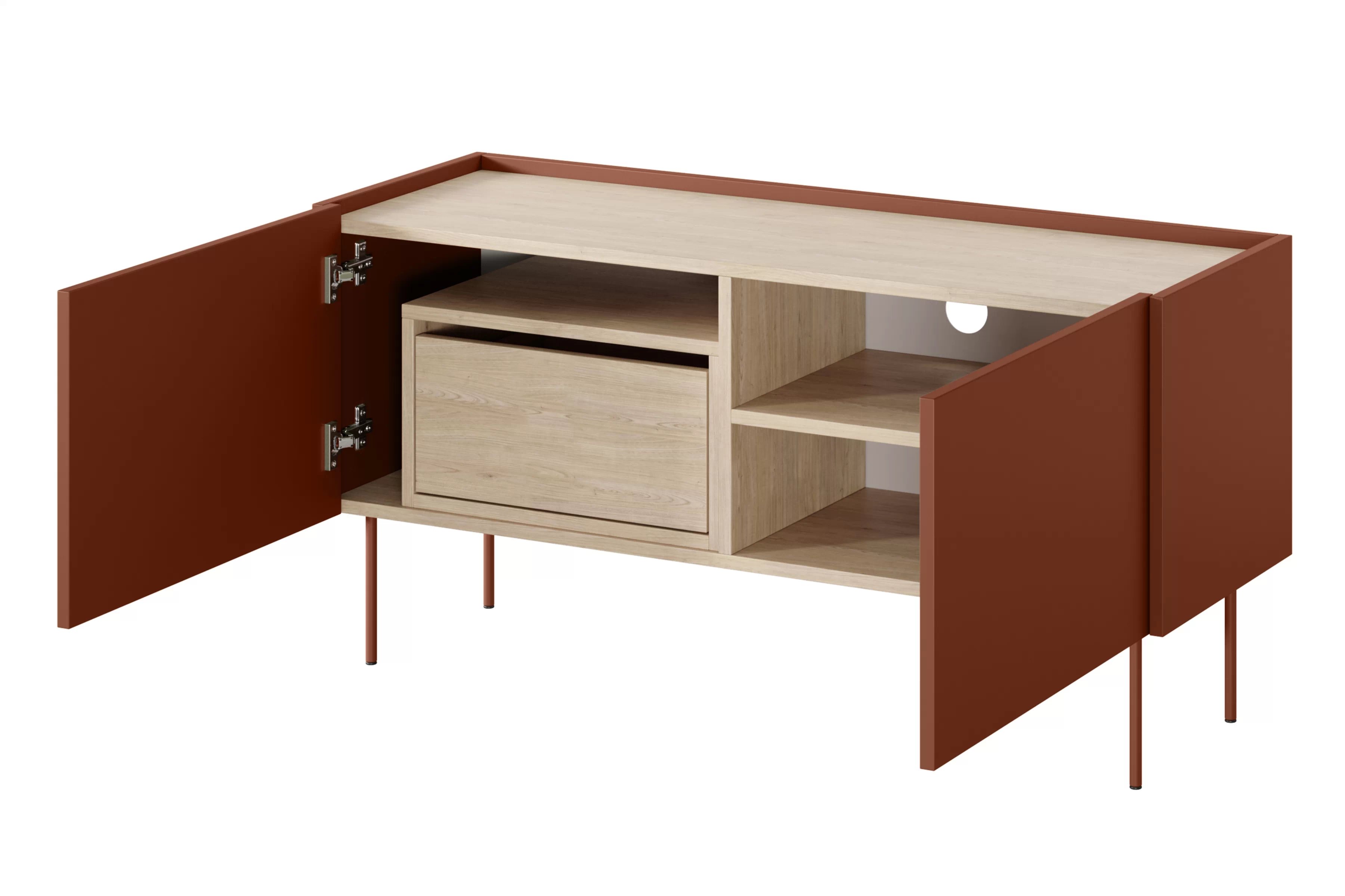 TV stolík Desin 120 cm s ukrytou zásuvkou - ceramic red / dub nagano TV skrinka Desin 120 cm z ukryta szuflada i metalowymi nogami - ceramic red / Dub nagano