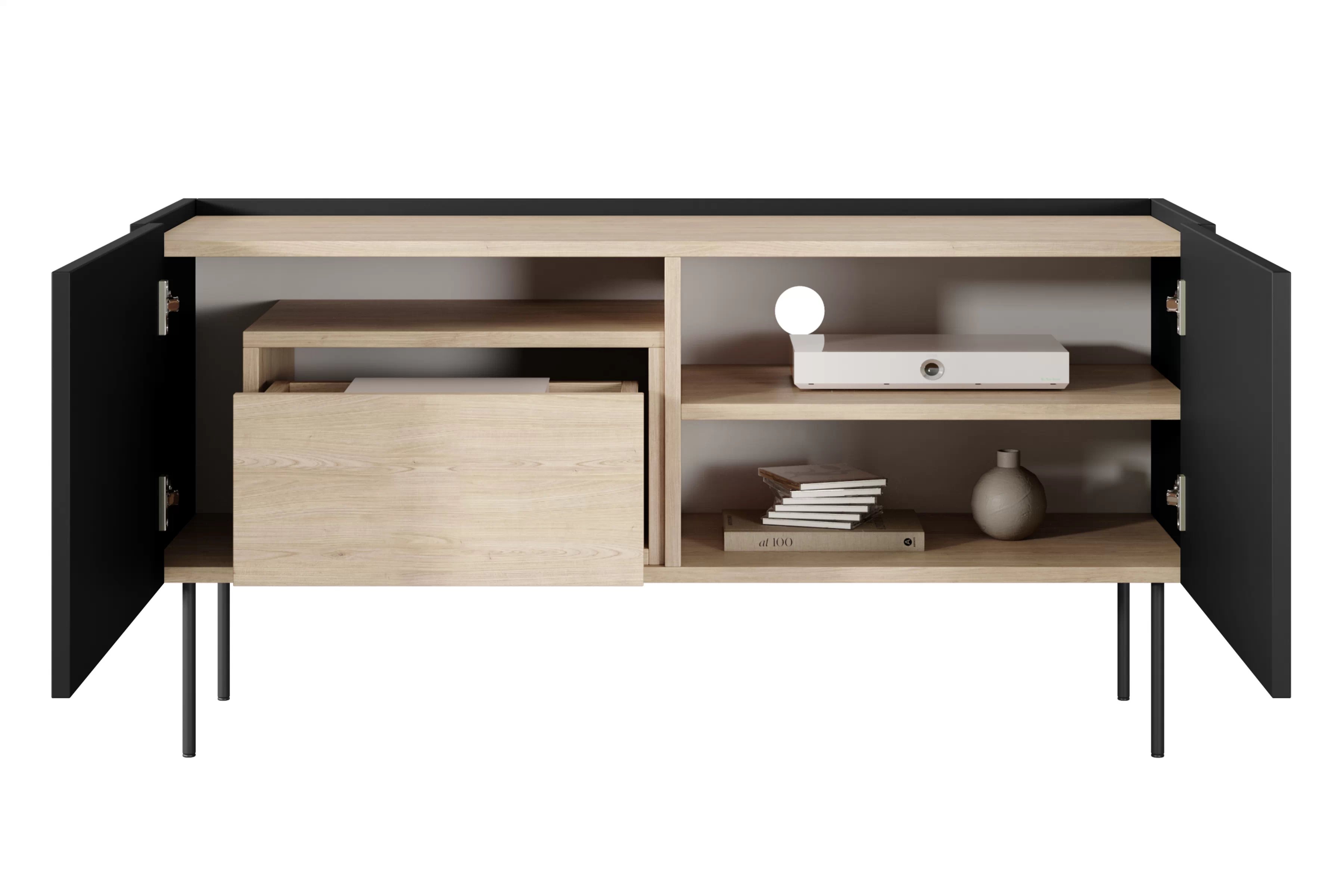 TV stolek Desin 120 cm se skrytou zásuvkou a kovovými nohami - černý mat / dub nagano skříňka RTV Desin 120 cm z ukryta szuflada i metalowymi nogami - černá mat / dub nagano