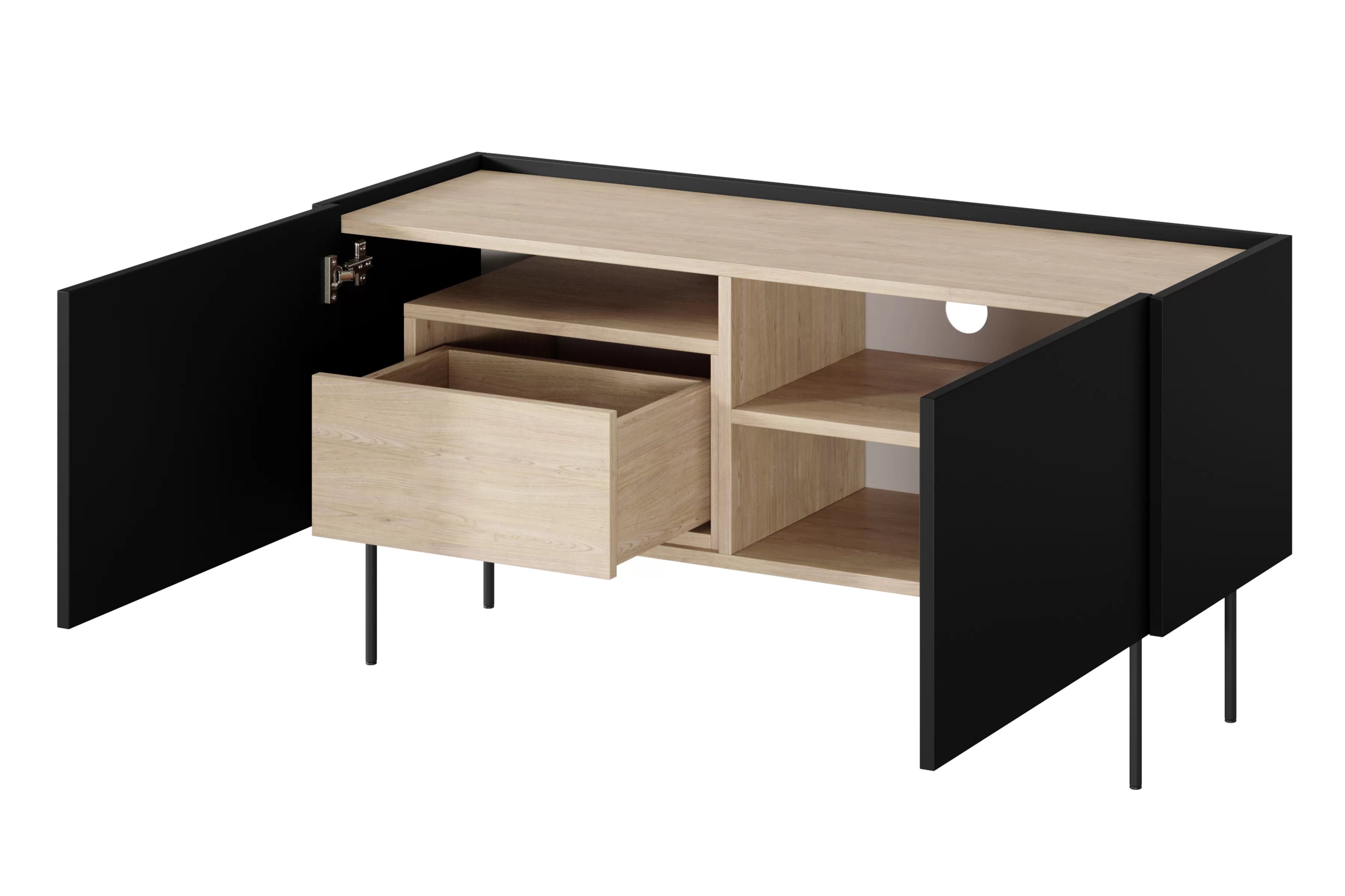 TV stolek Desin 120 cm se skrytou zásuvkou a kovovými nohami - černý mat / dub nagano skříňka RTV Desin 120 cm z ukryta szuflada i metalowymi nogami - černá mat / dub nagano