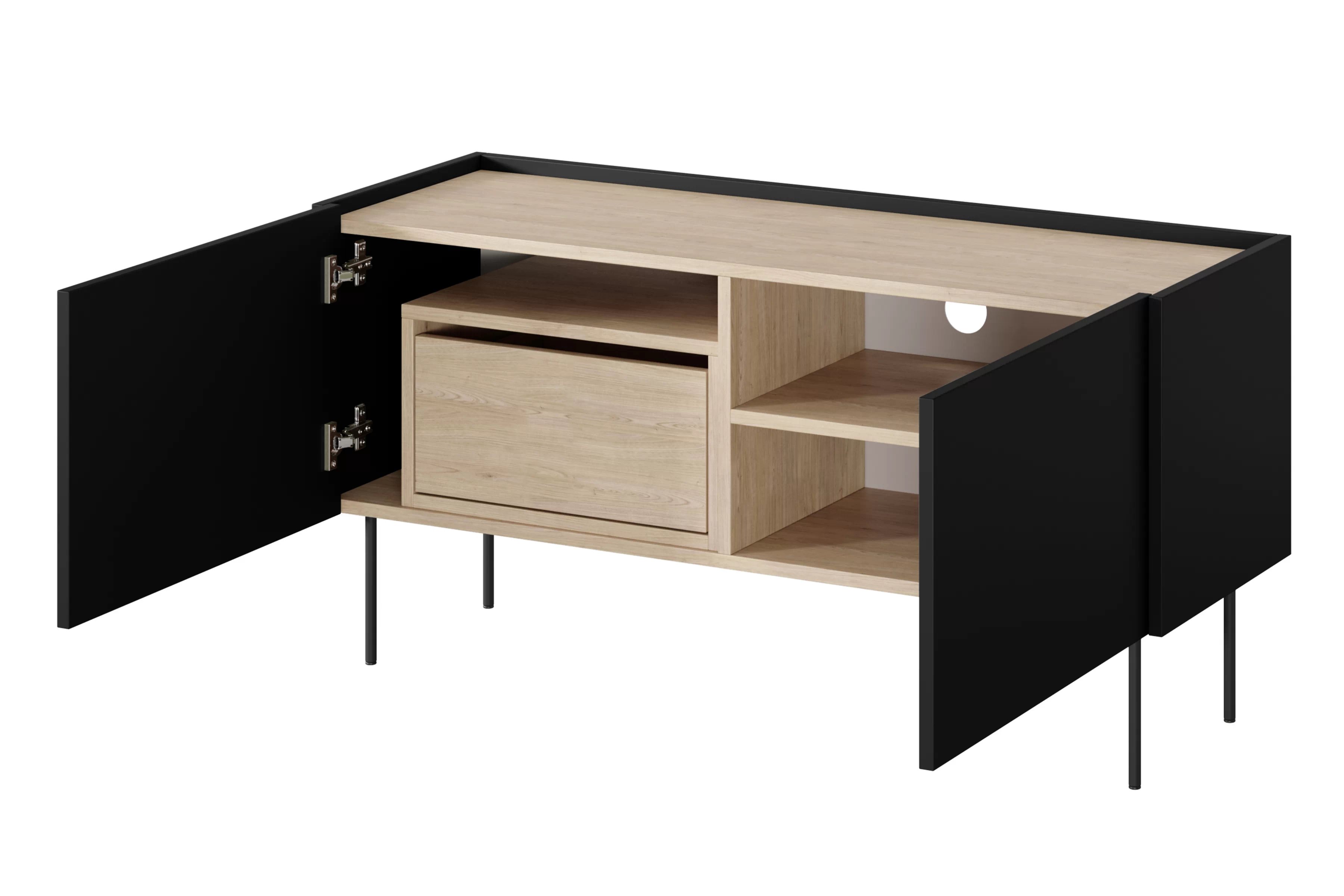 TV stolek Desin 120 cm se skrytou zásuvkou a kovovými nohami - černý mat / dub nagano skříňka RTV Desin 120 cm z ukryta szuflada i metalowymi nogami - černá mat / dub nagano