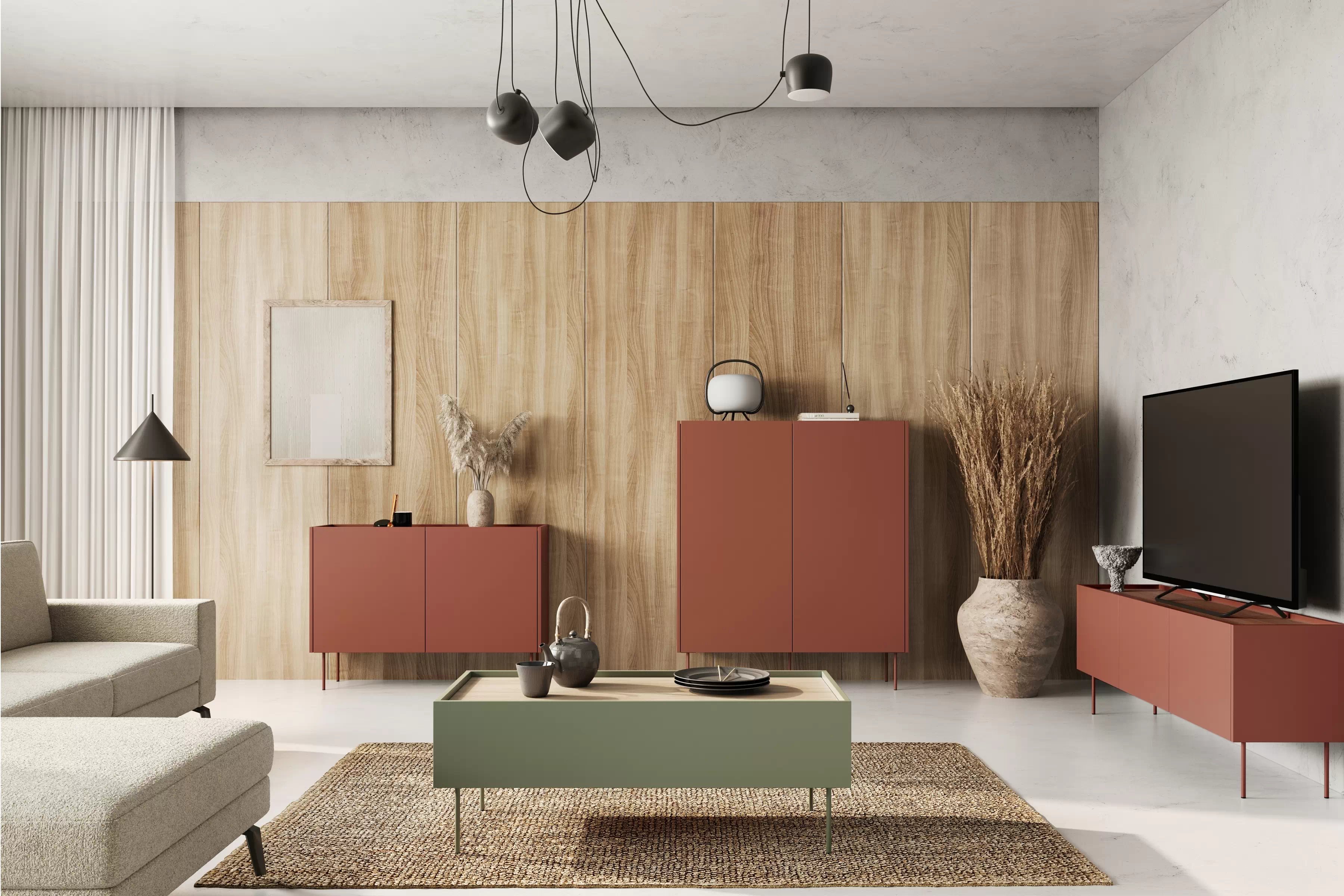 TV stolek Desin 170 cm se dvěma skrytými zásuvkami - ceramic red / dub nagano skříňka RTV Desin 170 cm z 2 ukrytymi zásuvkami - ceramic red / dub nagano