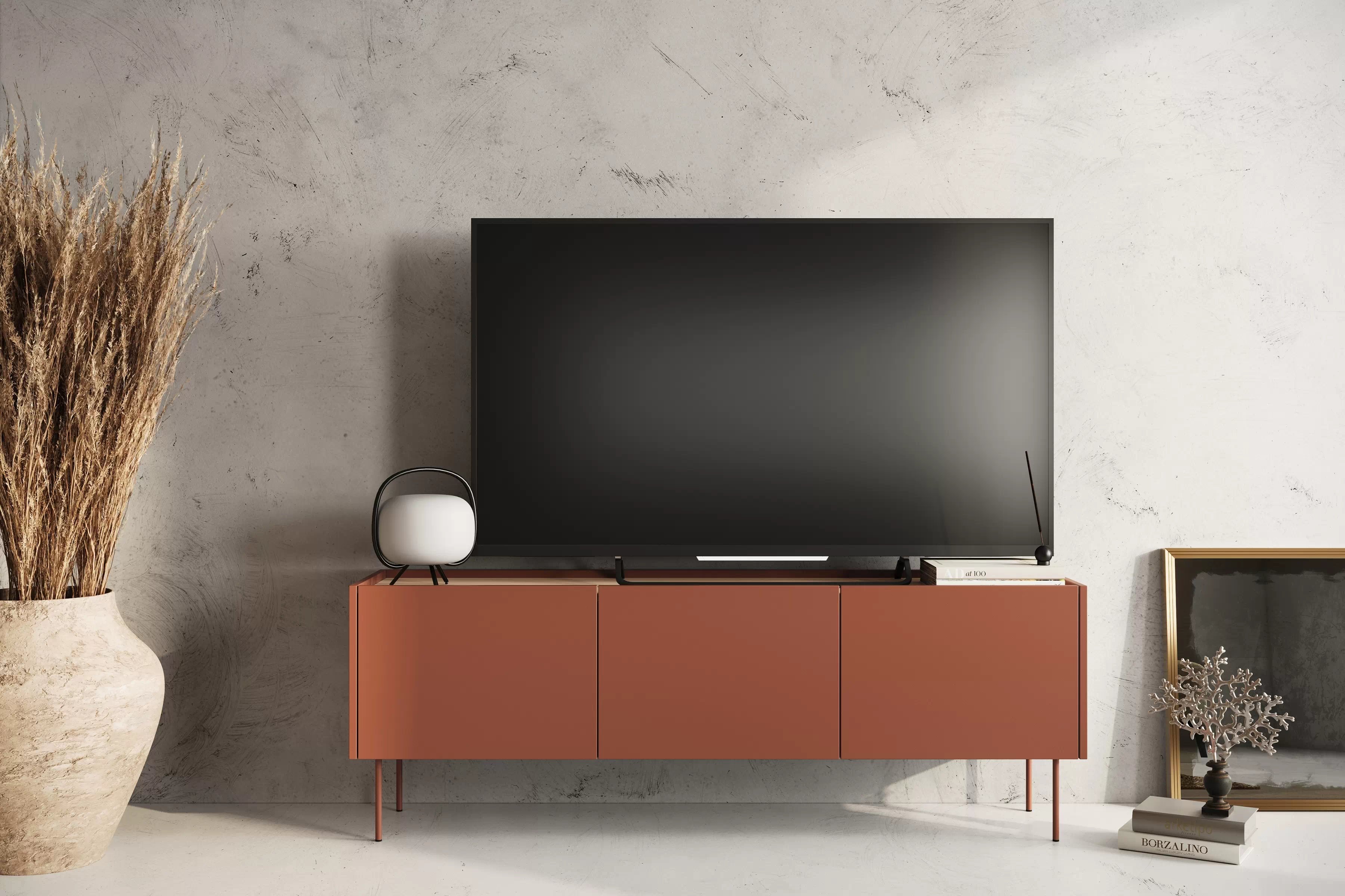 TV stolek Desin 170 cm se dvěma skrytými zásuvkami - ceramic red / dub nagano skříňka RTV Desin 170 cm z 2 ukrytymi zásuvkami - ceramic red / dub nagano