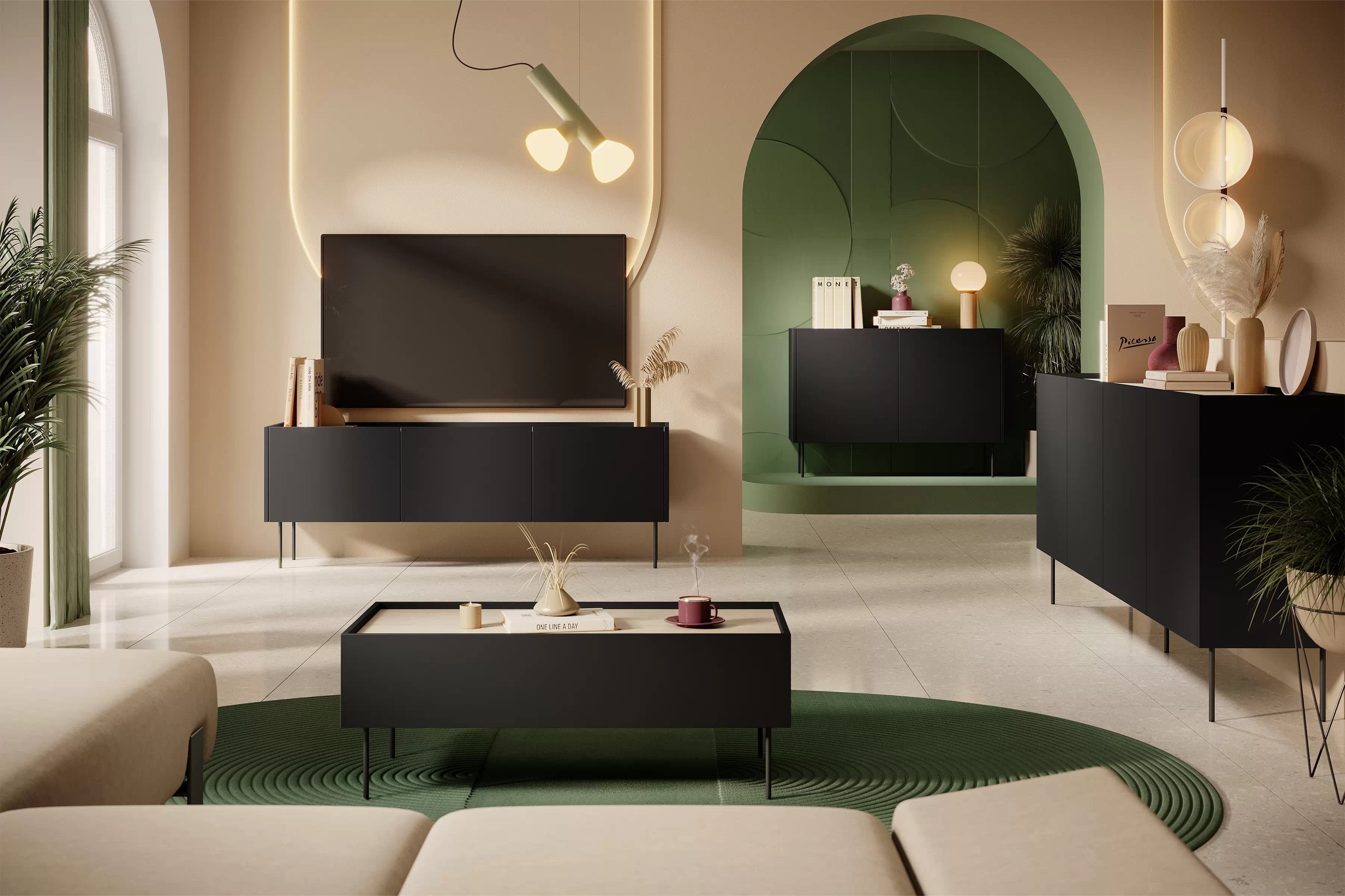 TV stolík Desin 170 cm s 2 skrytými zásuvkami - čierny mat / dub nagano TV skrinka Desin 170 cm z 2 ukrytymi zásuvkami - Čierny mat / Dub nagano