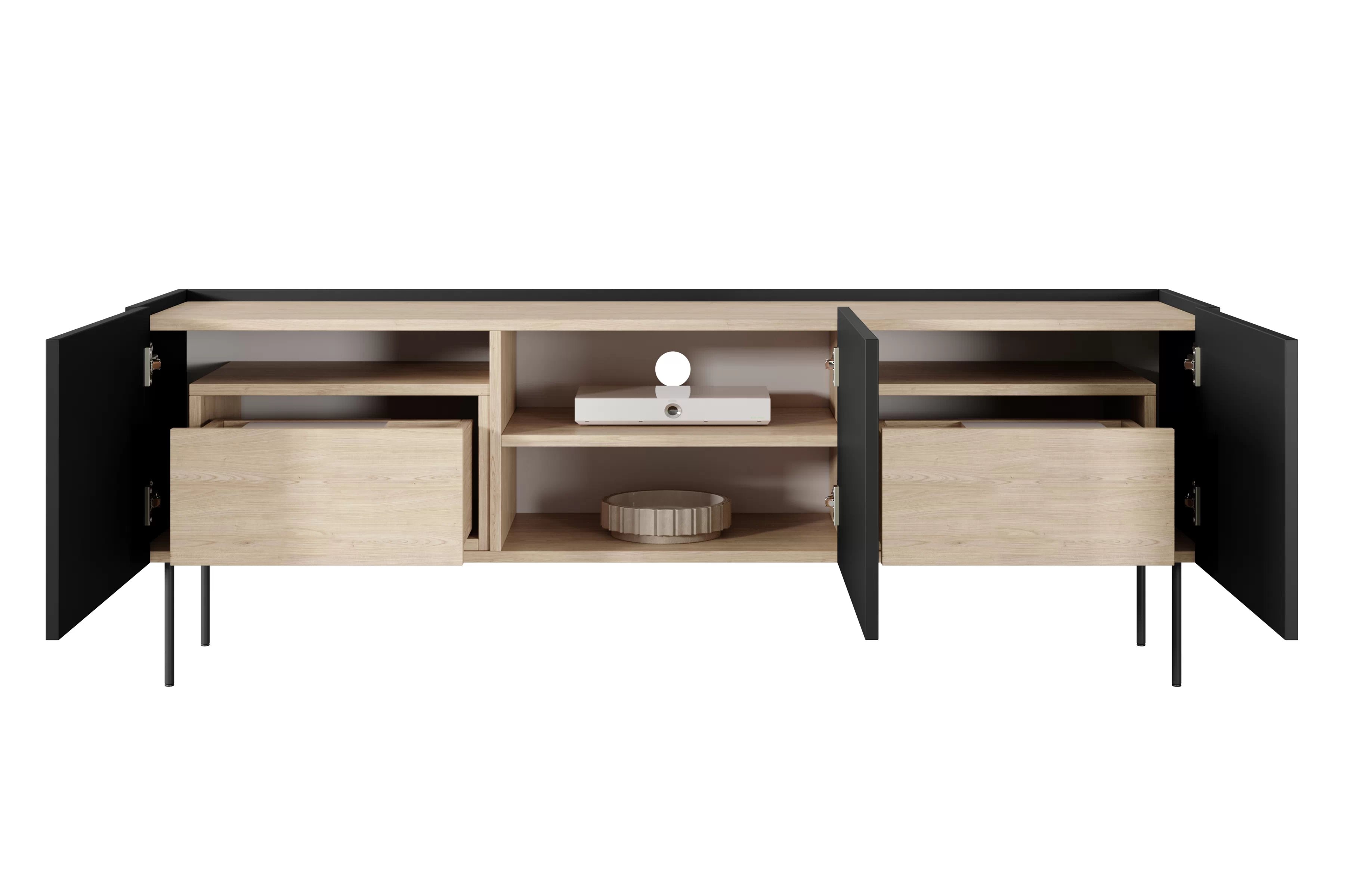 TV stolík Desin 170 cm s 2 skrytými zásuvkami - čierny mat / dub nagano TV skrinka Desin 170 cm z 2 ukrytymi zásuvkami - Čierny mat / Dub nagano