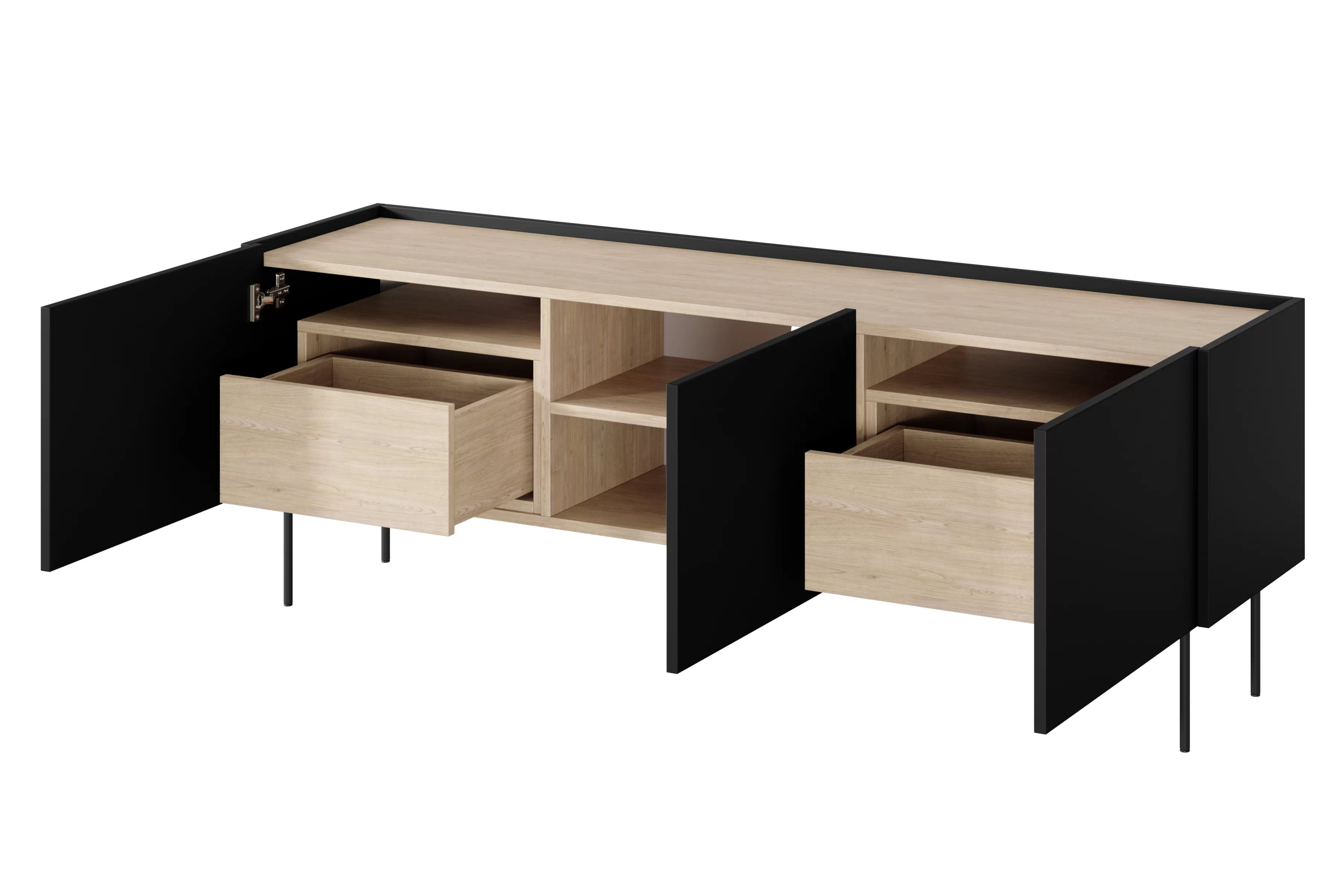 TV stolík Desin 170 cm s 2 skrytými zásuvkami - čierny mat / dub nagano TV skrinka Desin 170 cm z 2 ukrytymi zásuvkami - Čierny mat / Dub nagano