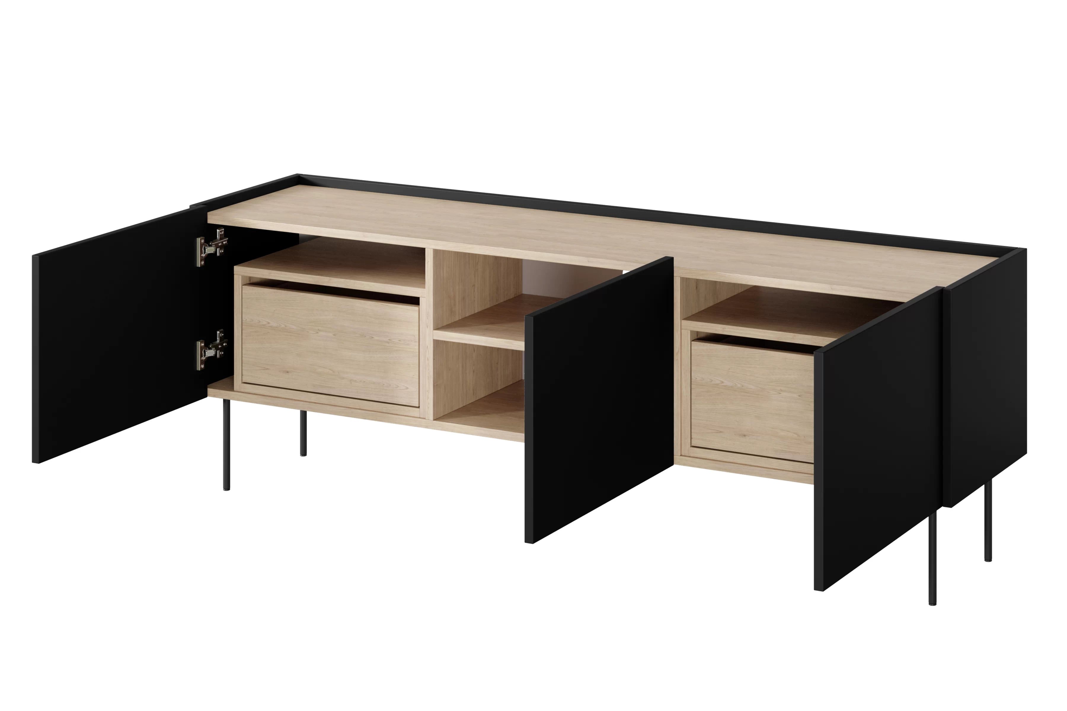 TV stolík Desin 170 cm s 2 skrytými zásuvkami - čierny mat / dub nagano TV skrinka Desin 170 cm z 2 ukrytymi zásuvkami - Čierny mat / Dub nagano