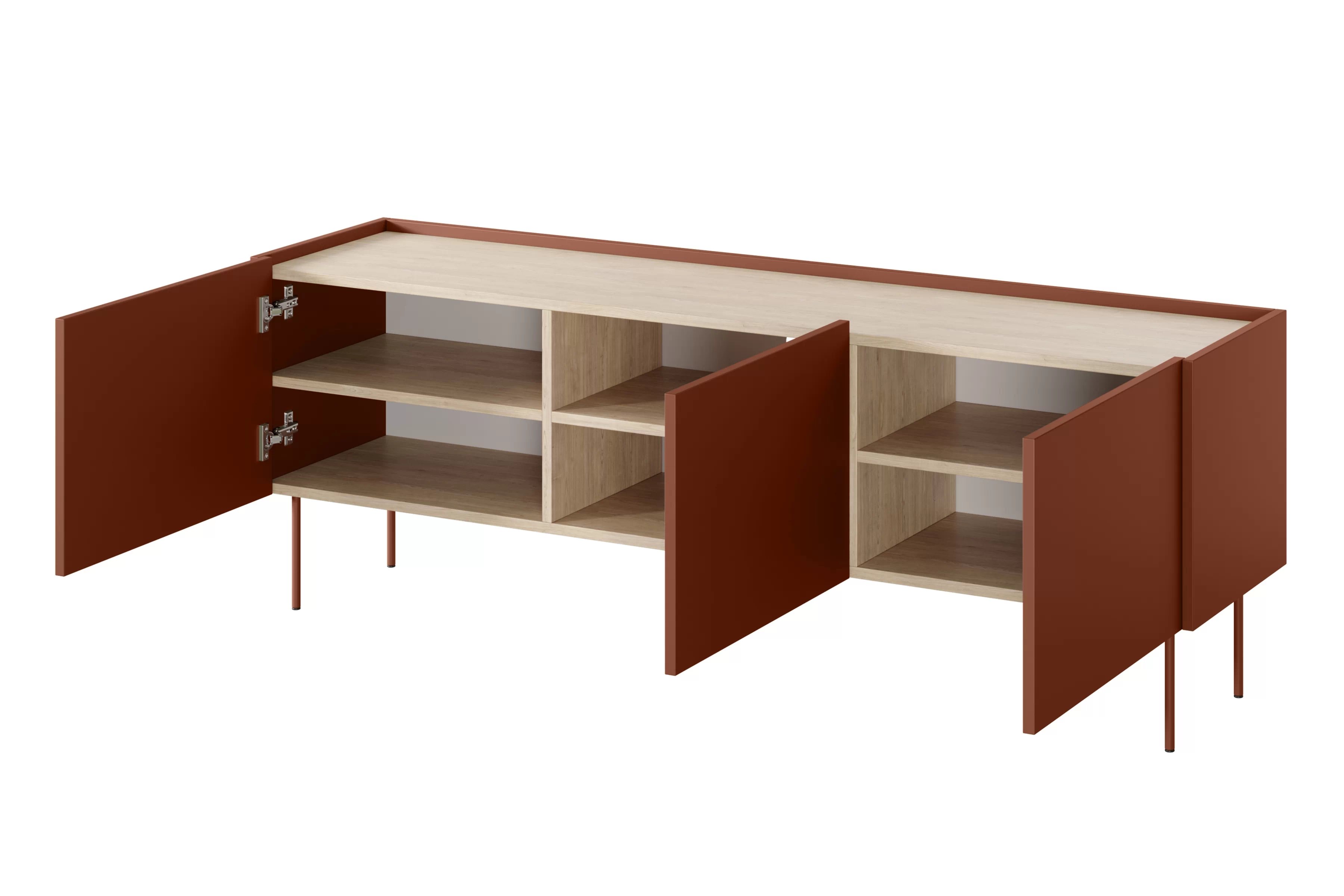 TV skrinka Desin 170 cm s kovovými nohami - keramická červená / dub nagano TV skrinka Desin 170 cm z metalowymi nogami - ceramic red / Dub nagano