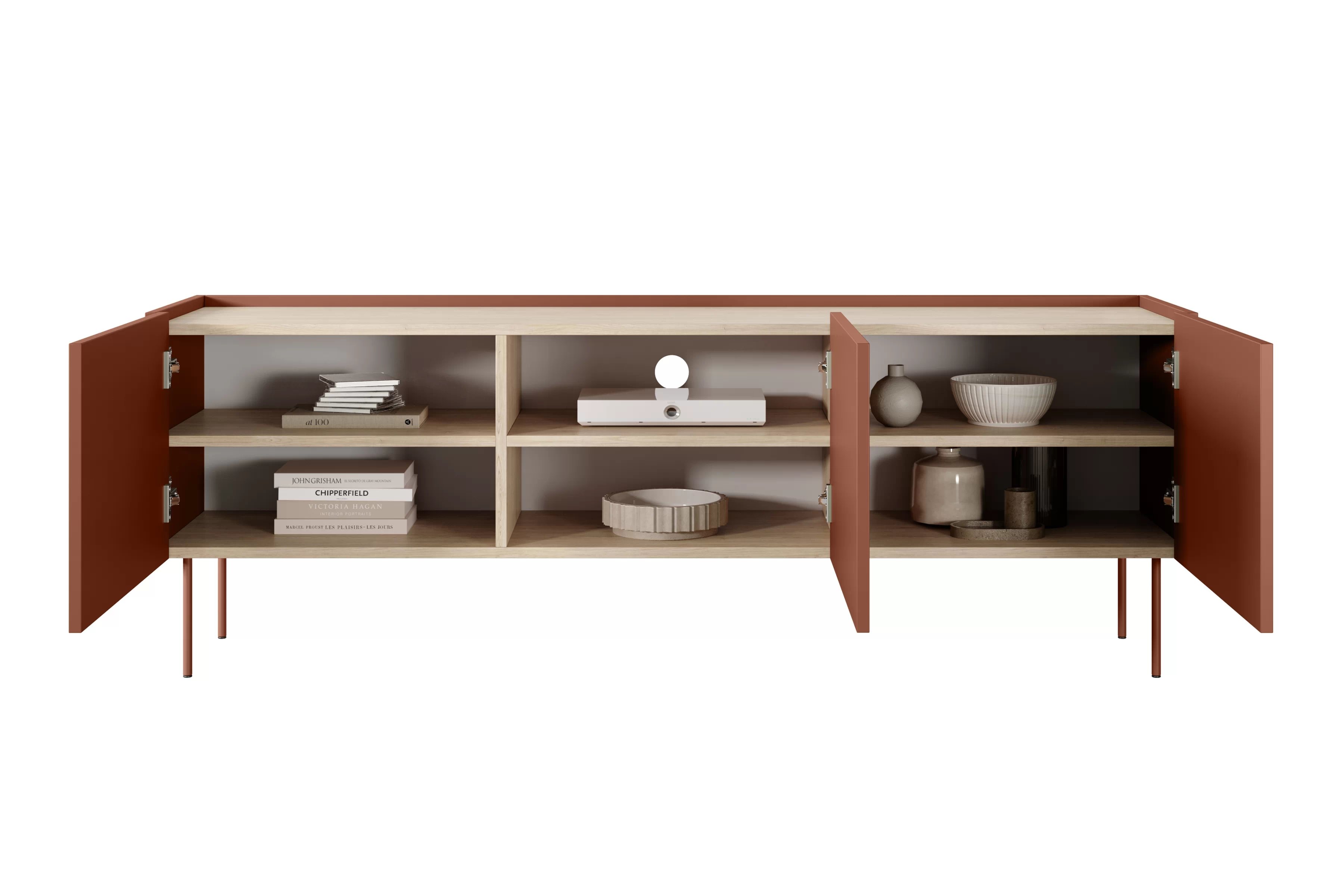 TV skrinka Desin 170 cm s kovovými nohami - keramická červená / dub nagano TV skrinka Desin 170 cm z metalowymi nogami - ceramic red / Dub nagano