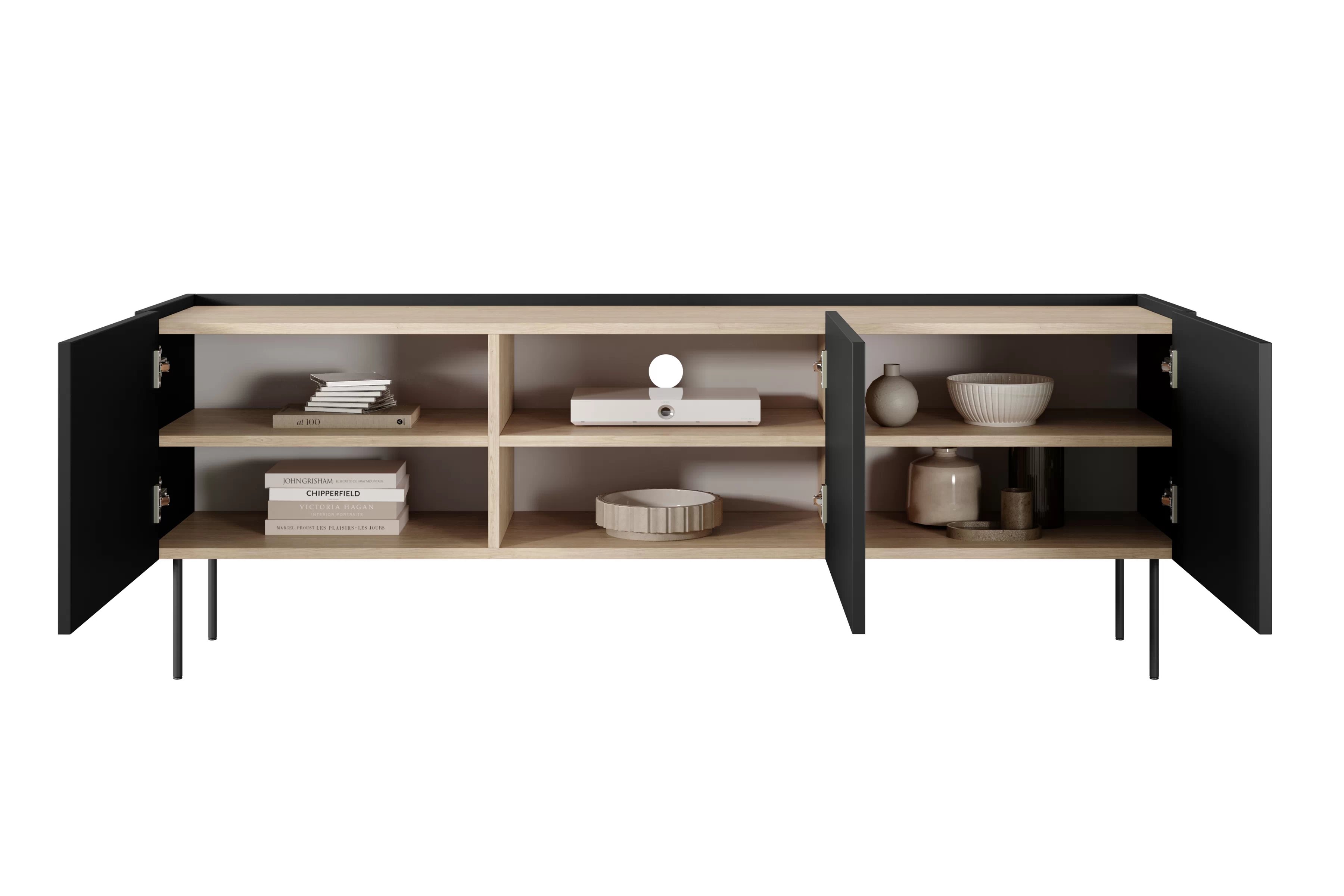 TV stolík Desin 170 cm s kovovými nohami - čierny mat / dub nagano TV skrinka Desin 170 cm z metalowymi nogami - Čierny mat / Dub nagano