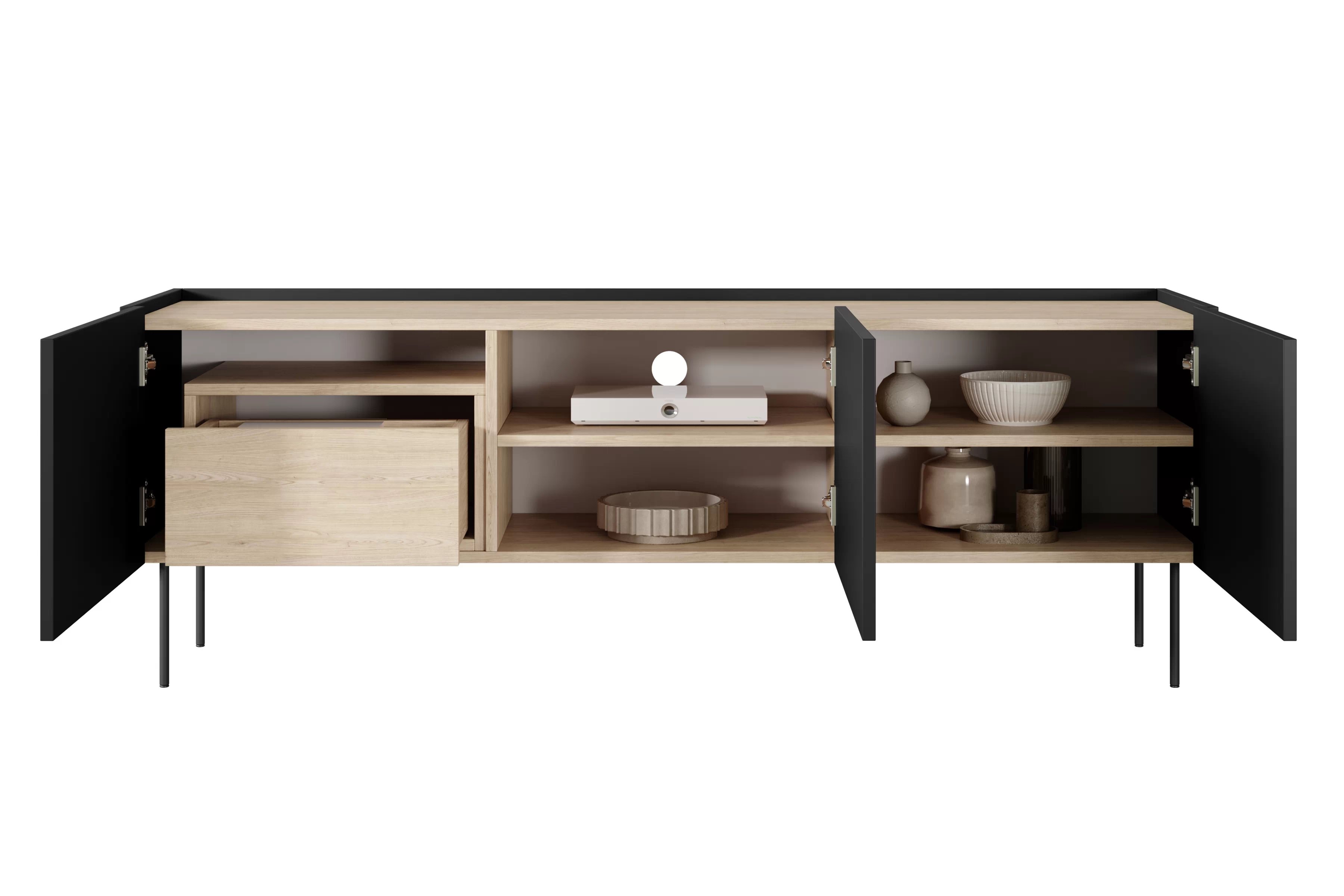 TV stolík Desin 170 cm so skrytou zásuvkou a kovovými nohami - čierny mat / dub nagano TV skrinka Desin 170 cm z ukryta szuflada i metalowymi nogami - Čierny mat / Dub nagano
