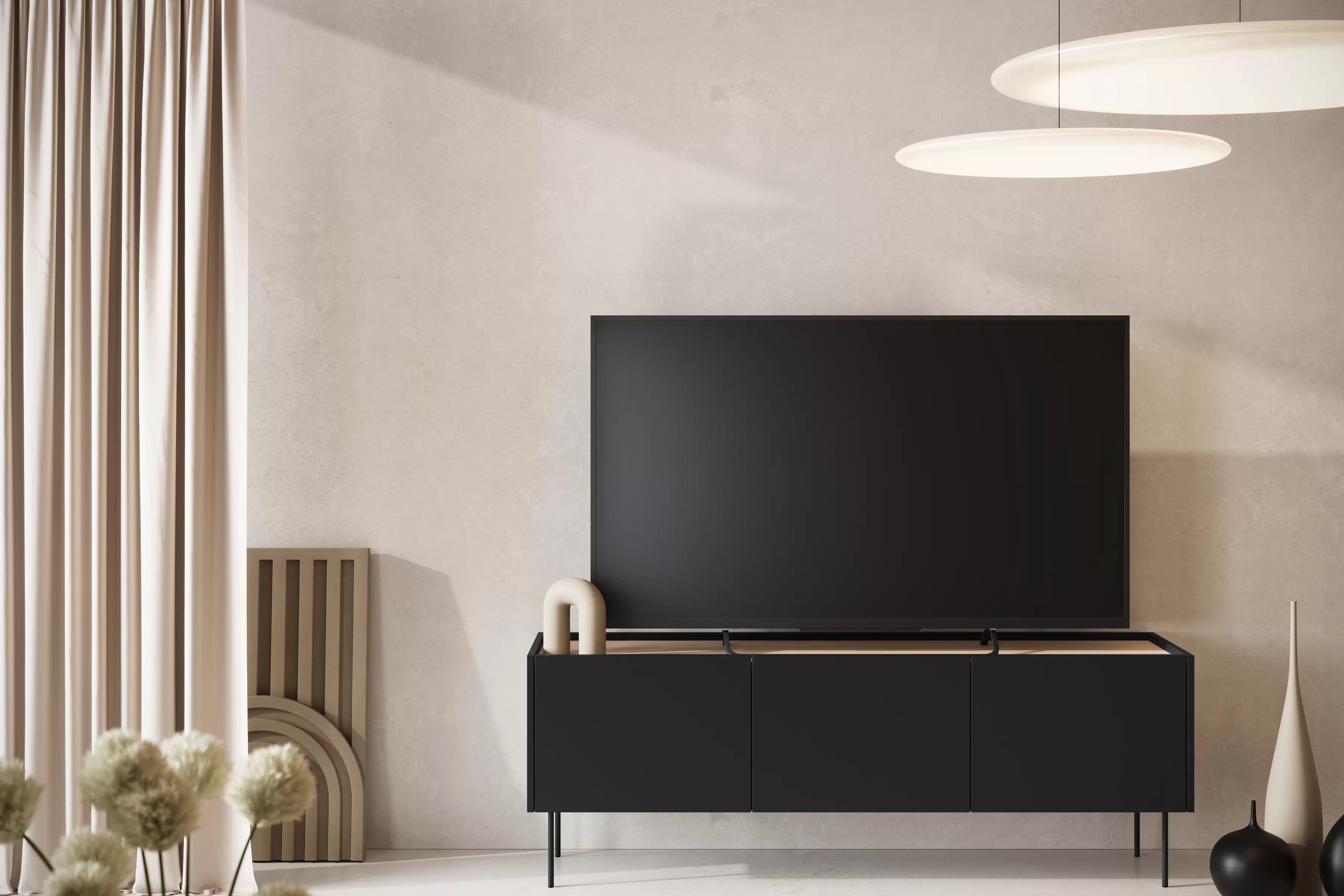 TV stolík Desin 170 cm so skrytou zásuvkou a kovovými nohami - čierny mat / dub nagano TV skrinka Desin 170 cm z ukryta szuflada i metalowymi nogami - Čierny mat / Dub nagano