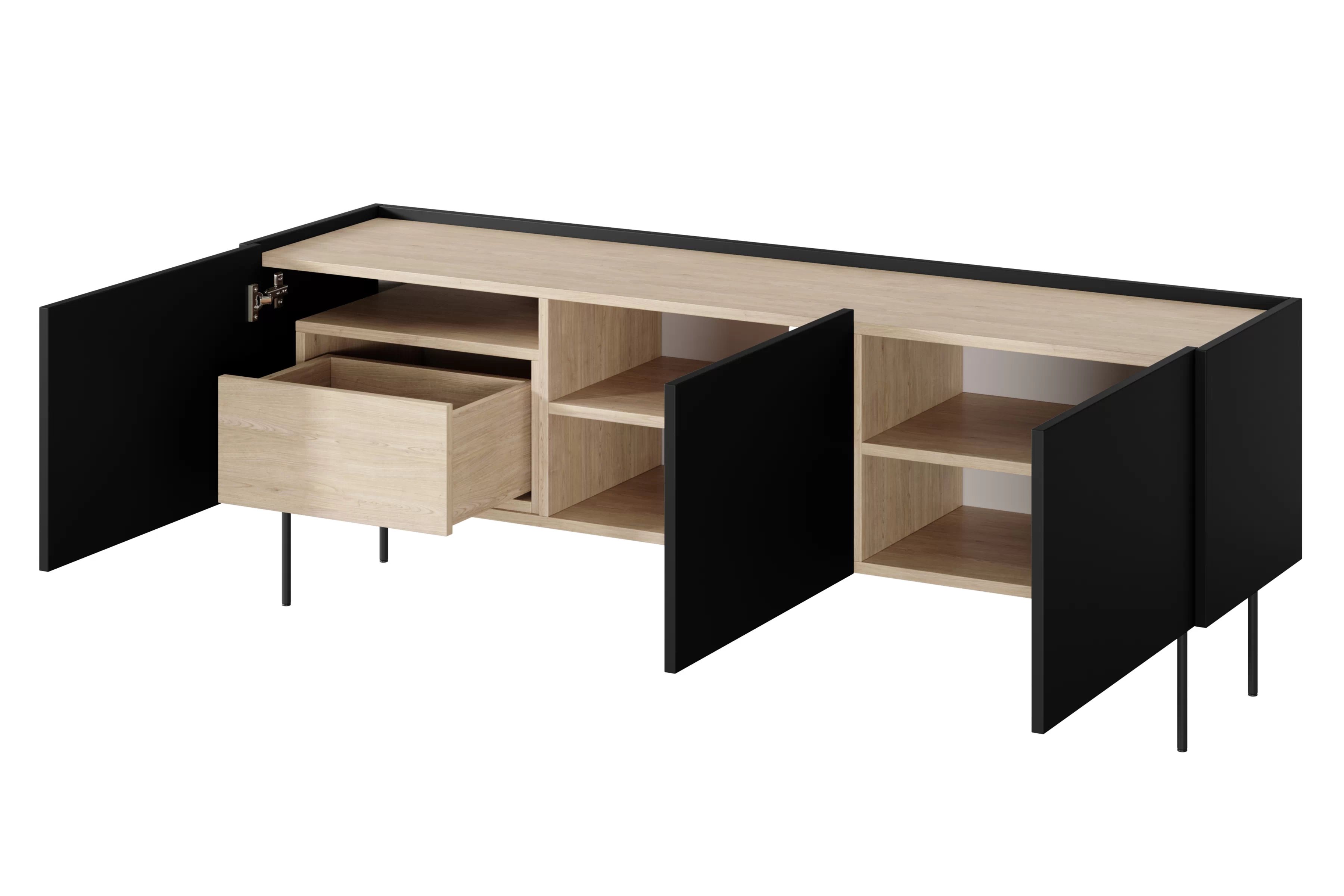 TV stolík Desin 170 cm so skrytou zásuvkou a kovovými nohami - čierny mat / dub nagano TV skrinka Desin 170 cm z ukryta szuflada i metalowymi nogami - Čierny mat / Dub nagano